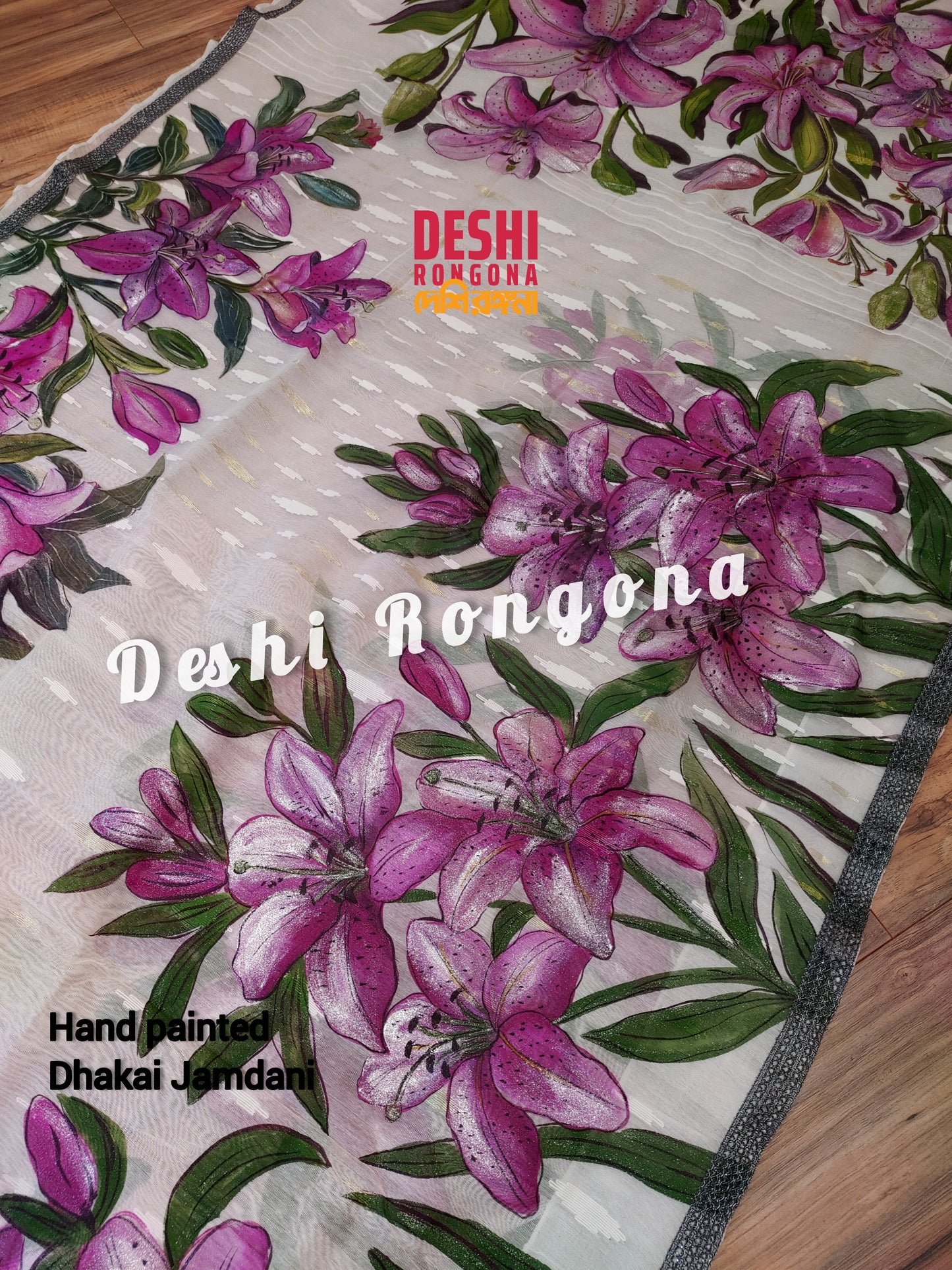 Handpainted Jamdani, Original Dhakai Saree | Pink Lily Theme
