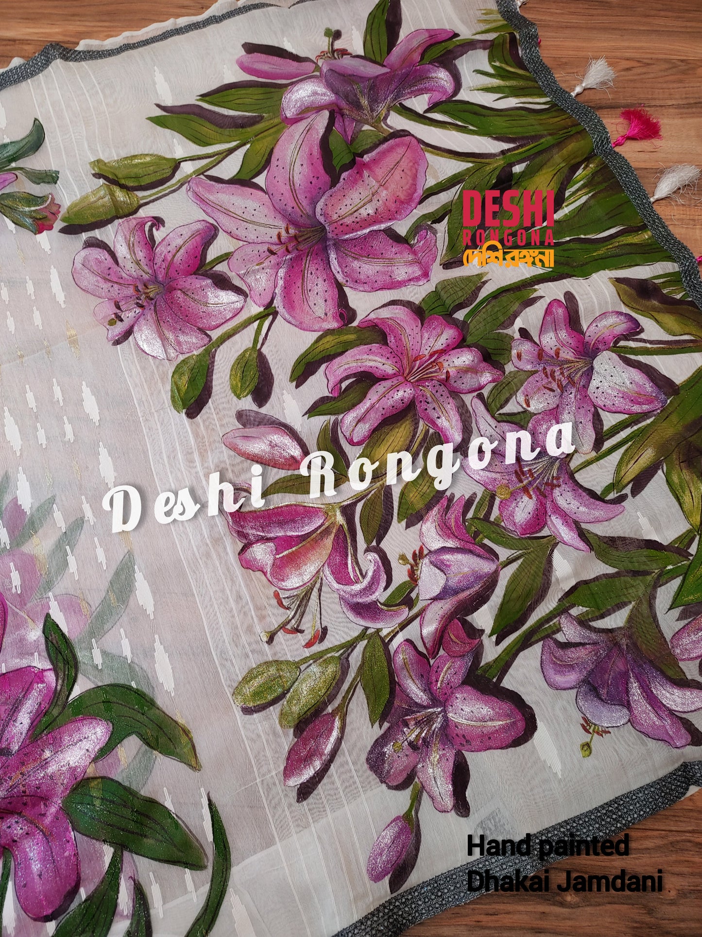 Handpainted Jamdani, Original Dhakai Saree | Pink Lily Theme