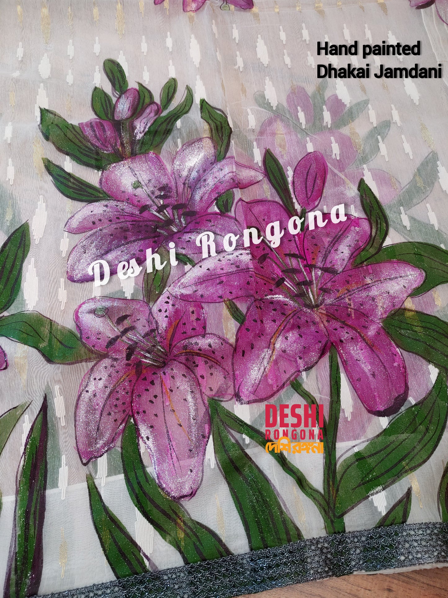 Handpainted Jamdani, Original Dhakai Saree | Pink Lily Theme
