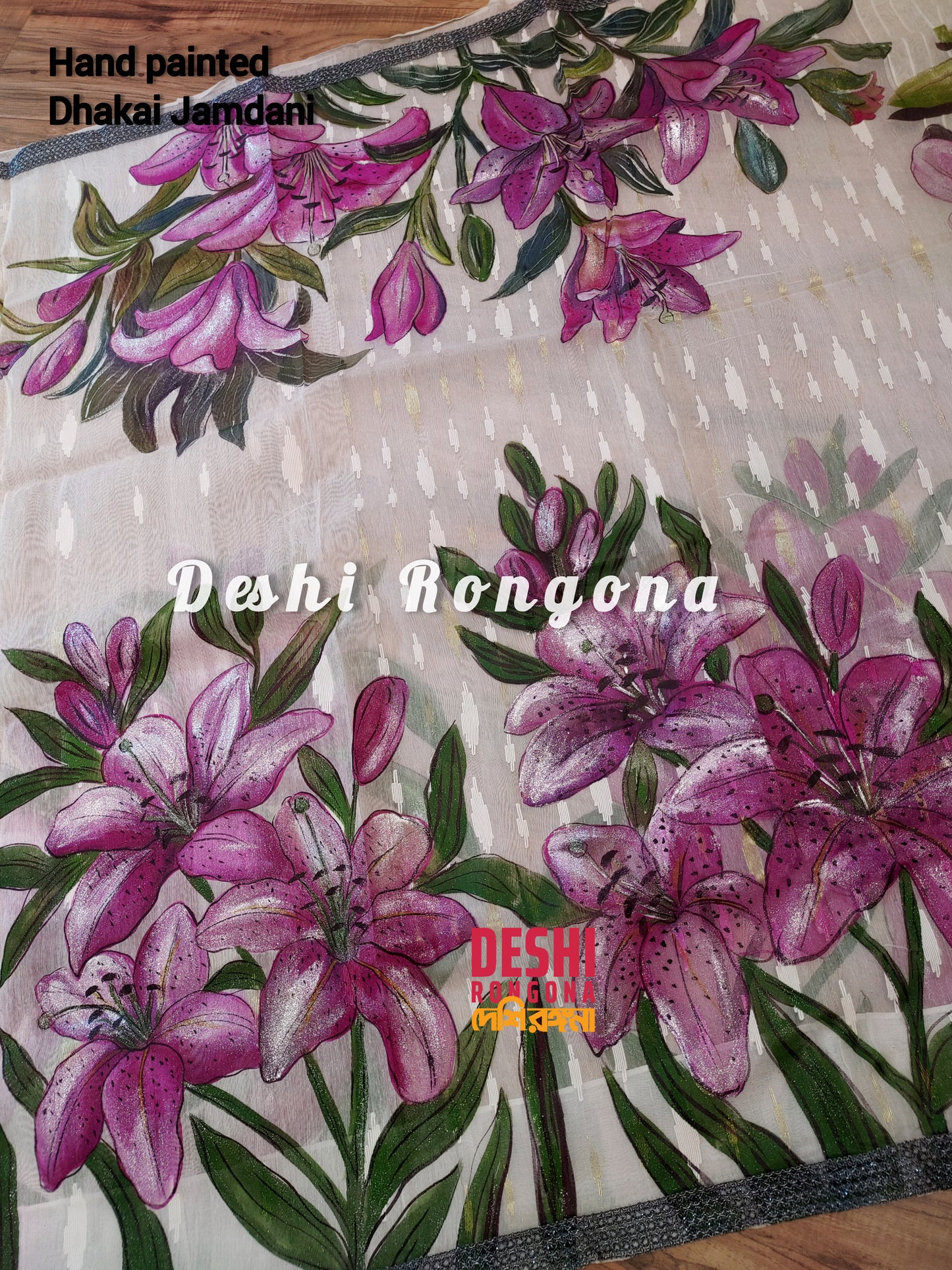 Handpainted Jamdani, Original Dhakai Saree | Pink Lily Theme
