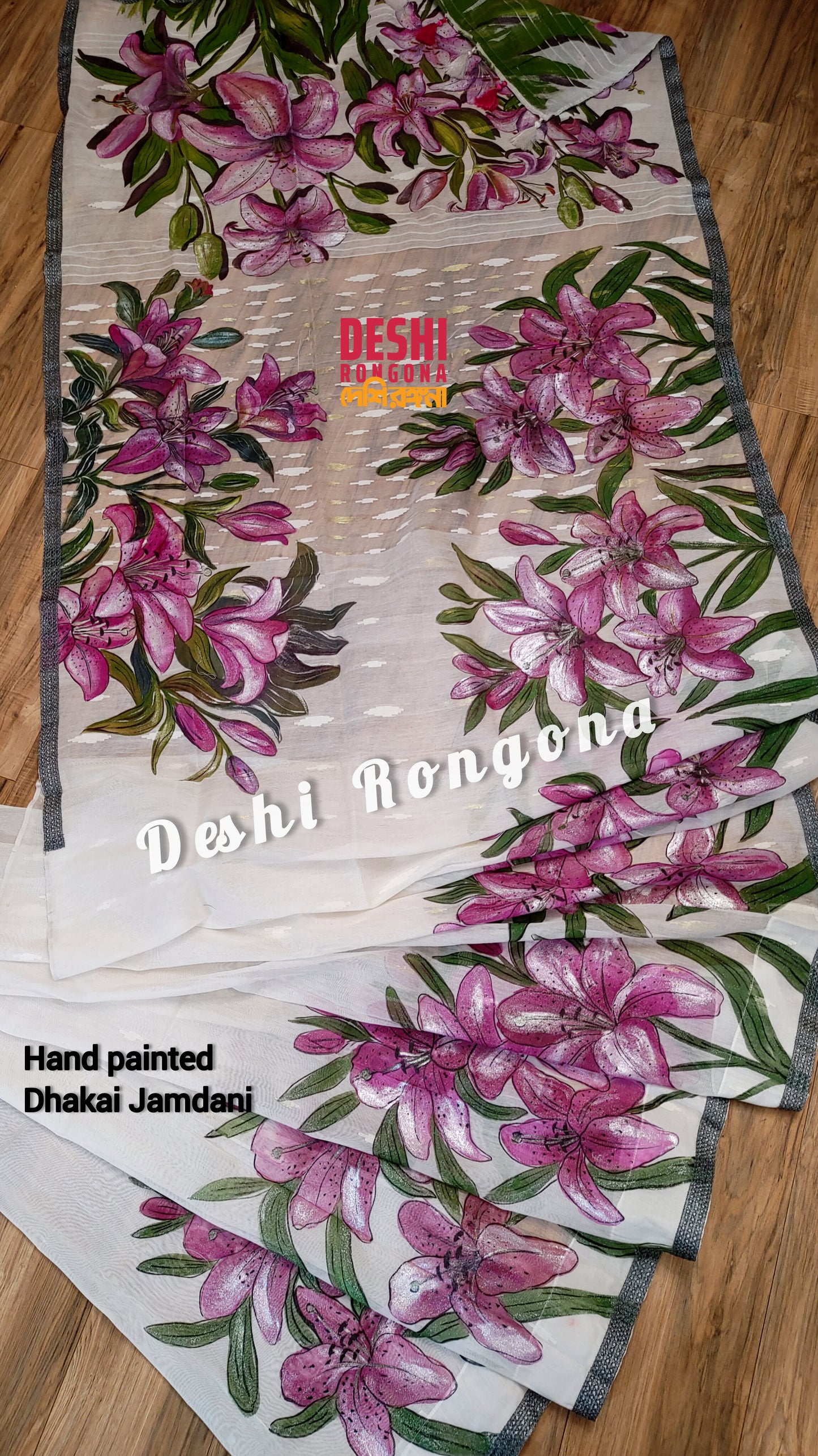Handpainted Jamdani, Original Dhakai Saree | Pink Lily Theme