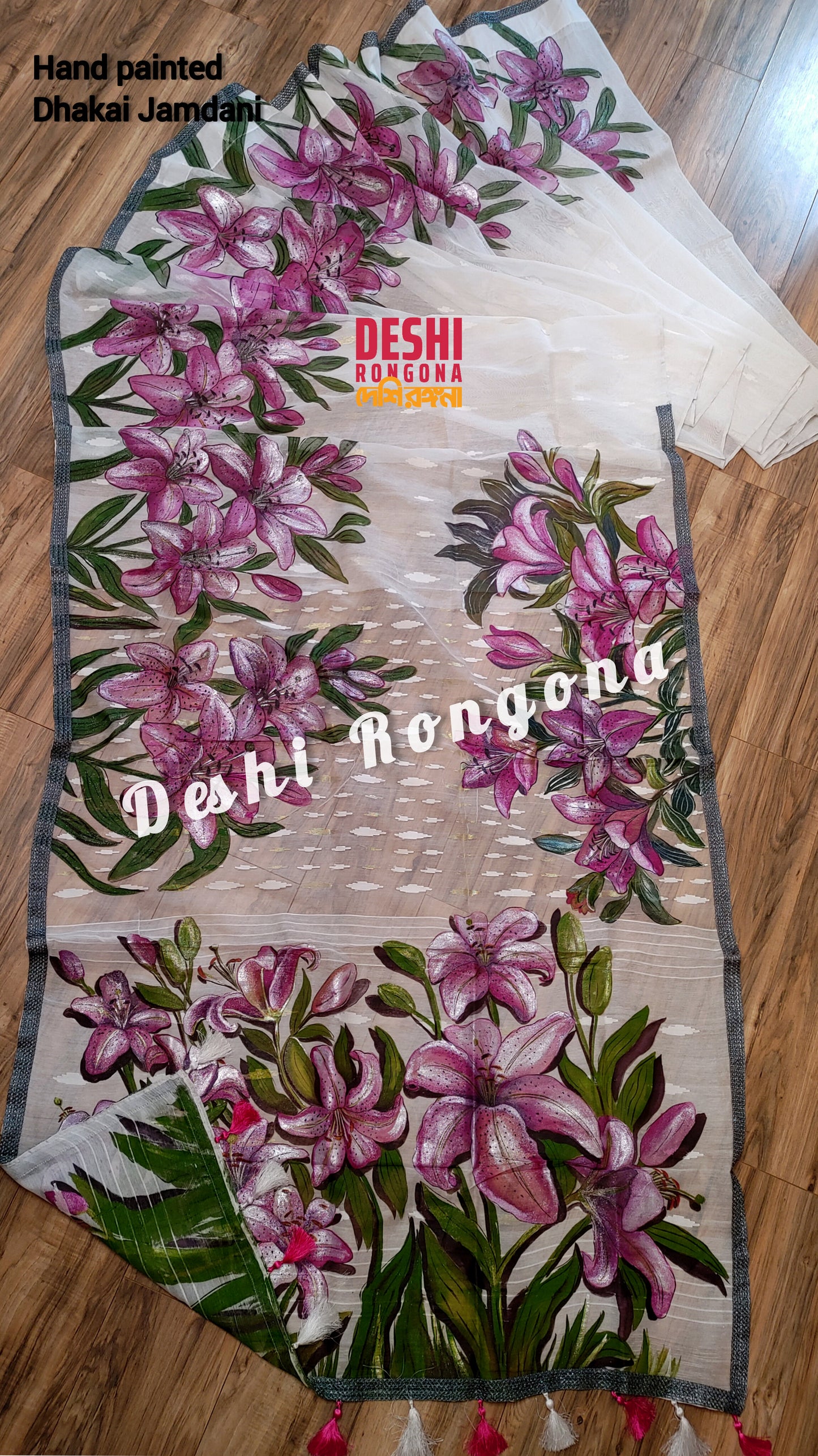 Handpainted Jamdani, Original Dhakai Saree | Pink Lily Theme