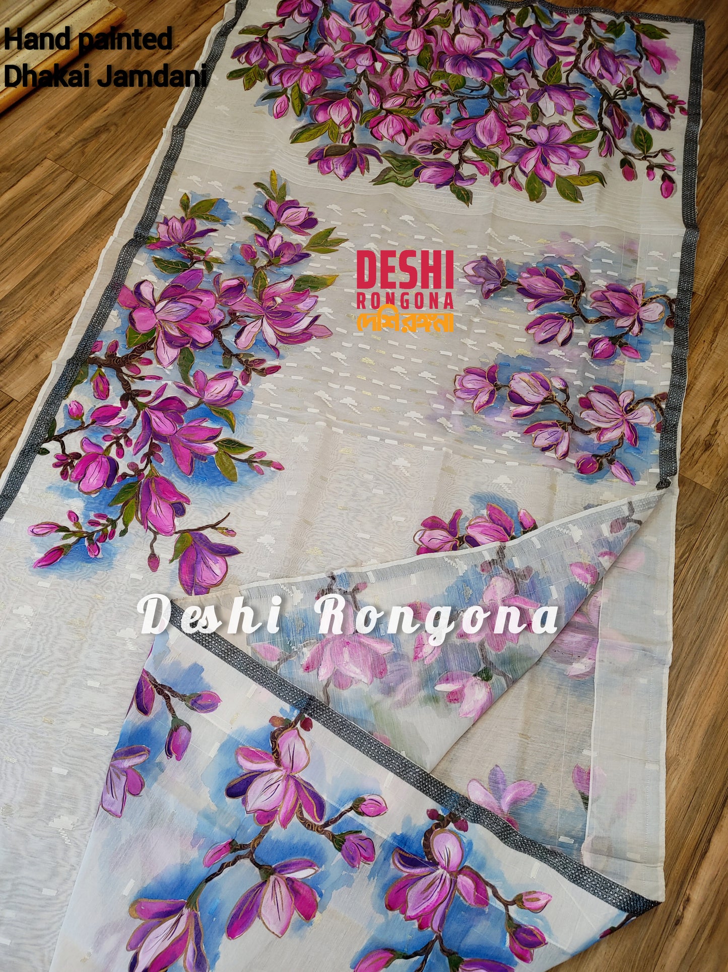 Handpainted Jamdani, Original Dhakai Saree | Pink Magnolia Theme
