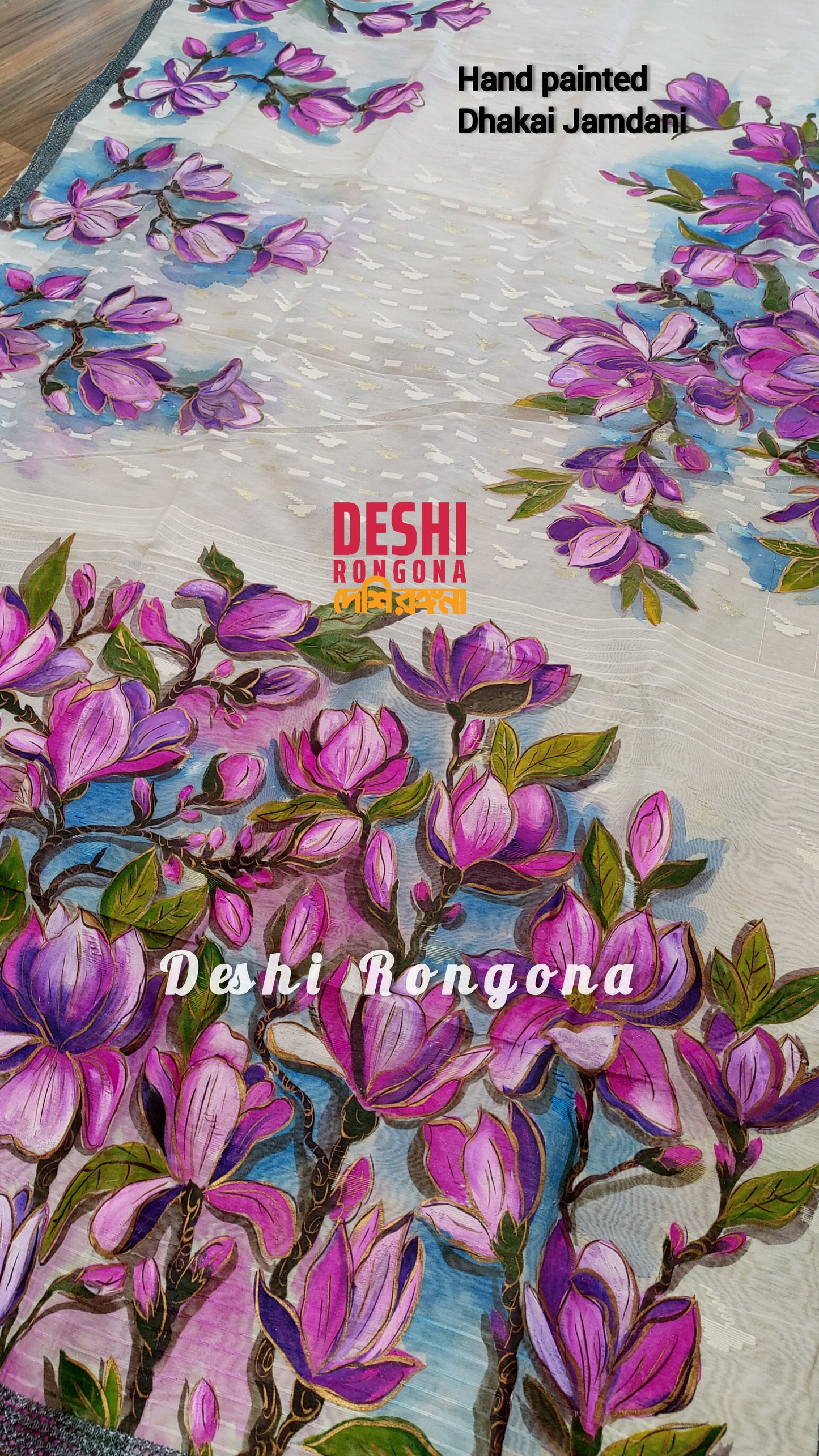 Handpainted Jamdani, Original Dhakai Saree | Pink Magnolia Theme