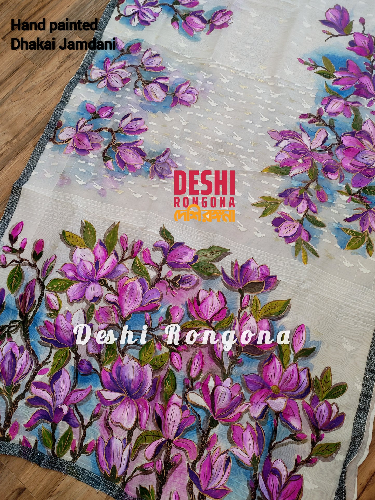 Handpainted Jamdani, Original Dhakai Saree | Pink Magnolia Theme