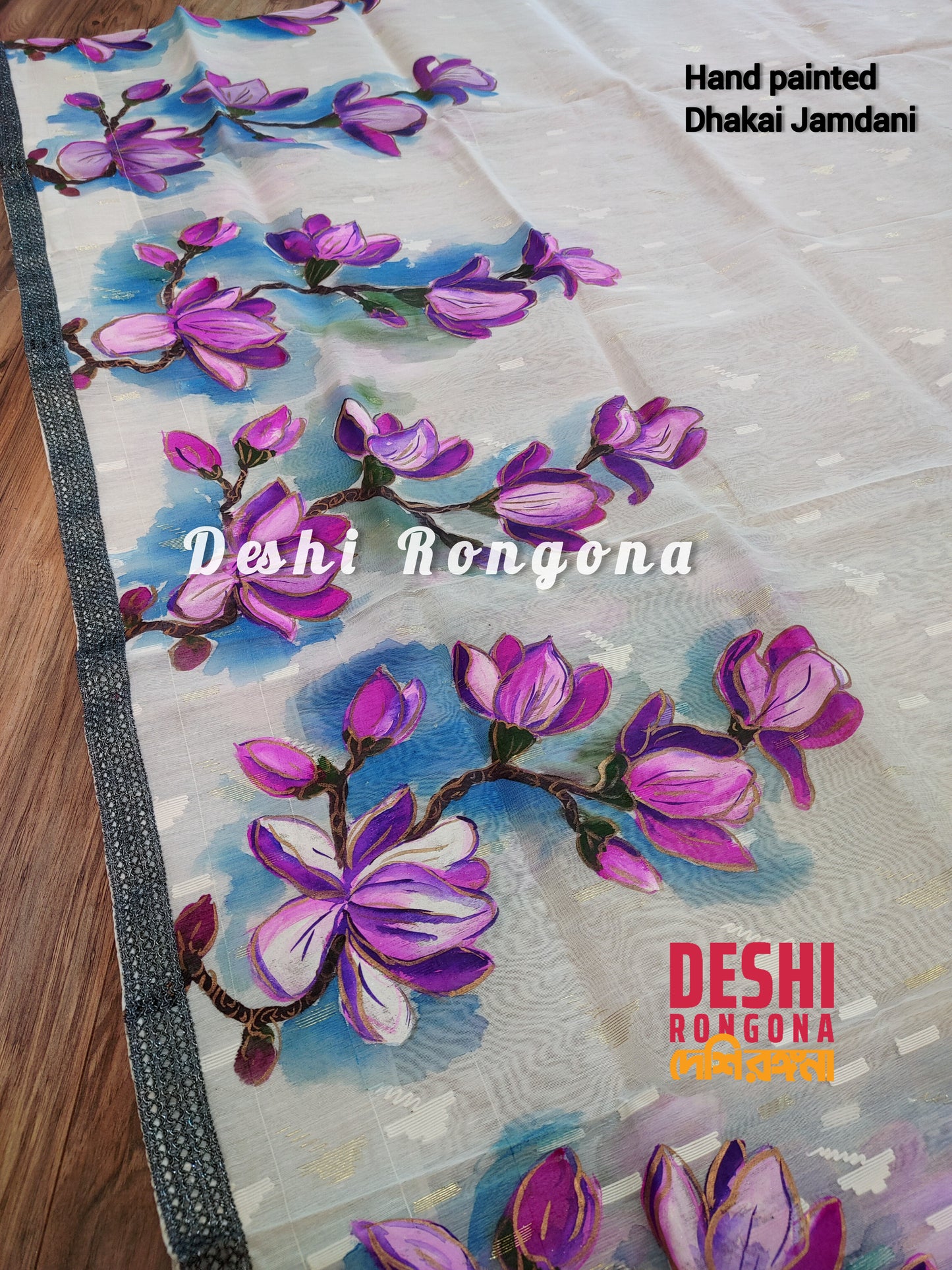 Handpainted Jamdani, Original Dhakai Saree | Pink Magnolia Theme