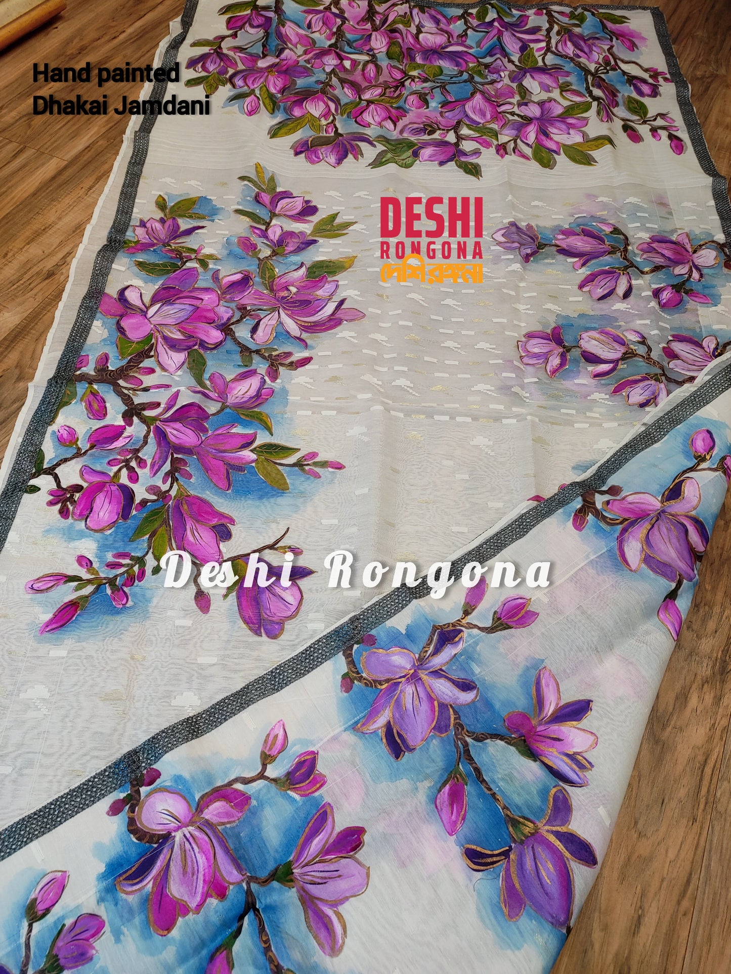 Handpainted Jamdani, Original Dhakai Saree | Pink Magnolia Theme