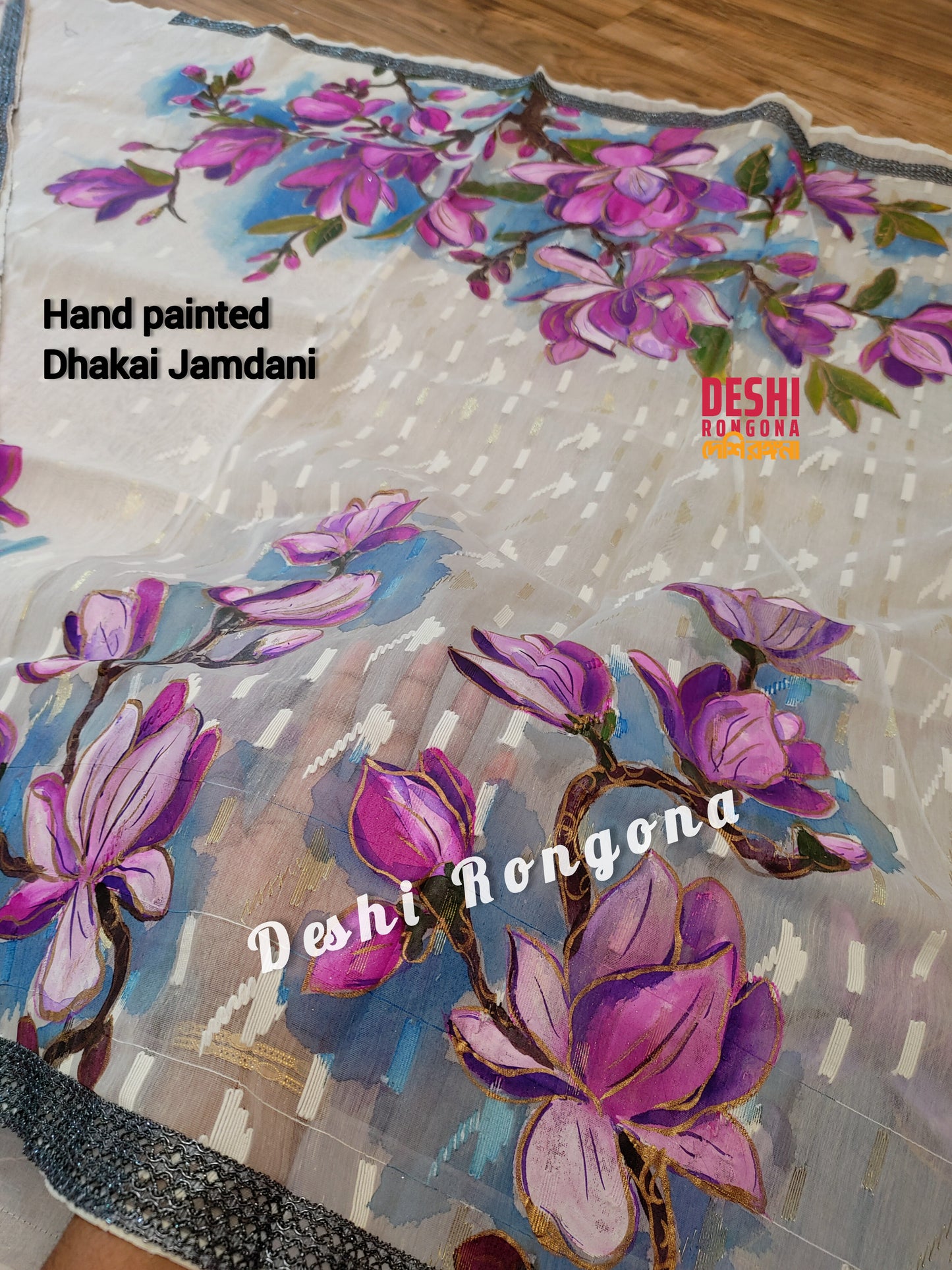 Handpainted Jamdani, Original Dhakai Saree | Pink Magnolia Theme