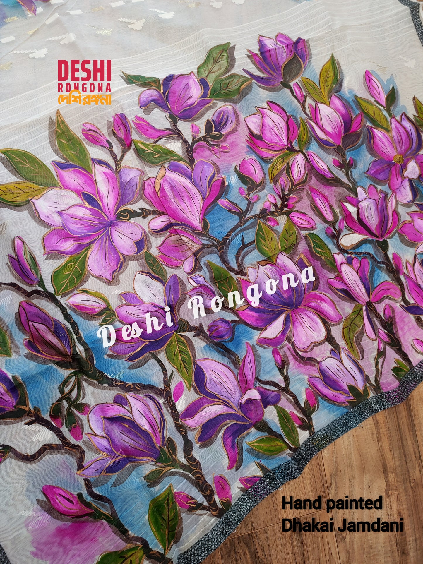 Handpainted Jamdani, Original Dhakai Saree | Pink Magnolia Theme