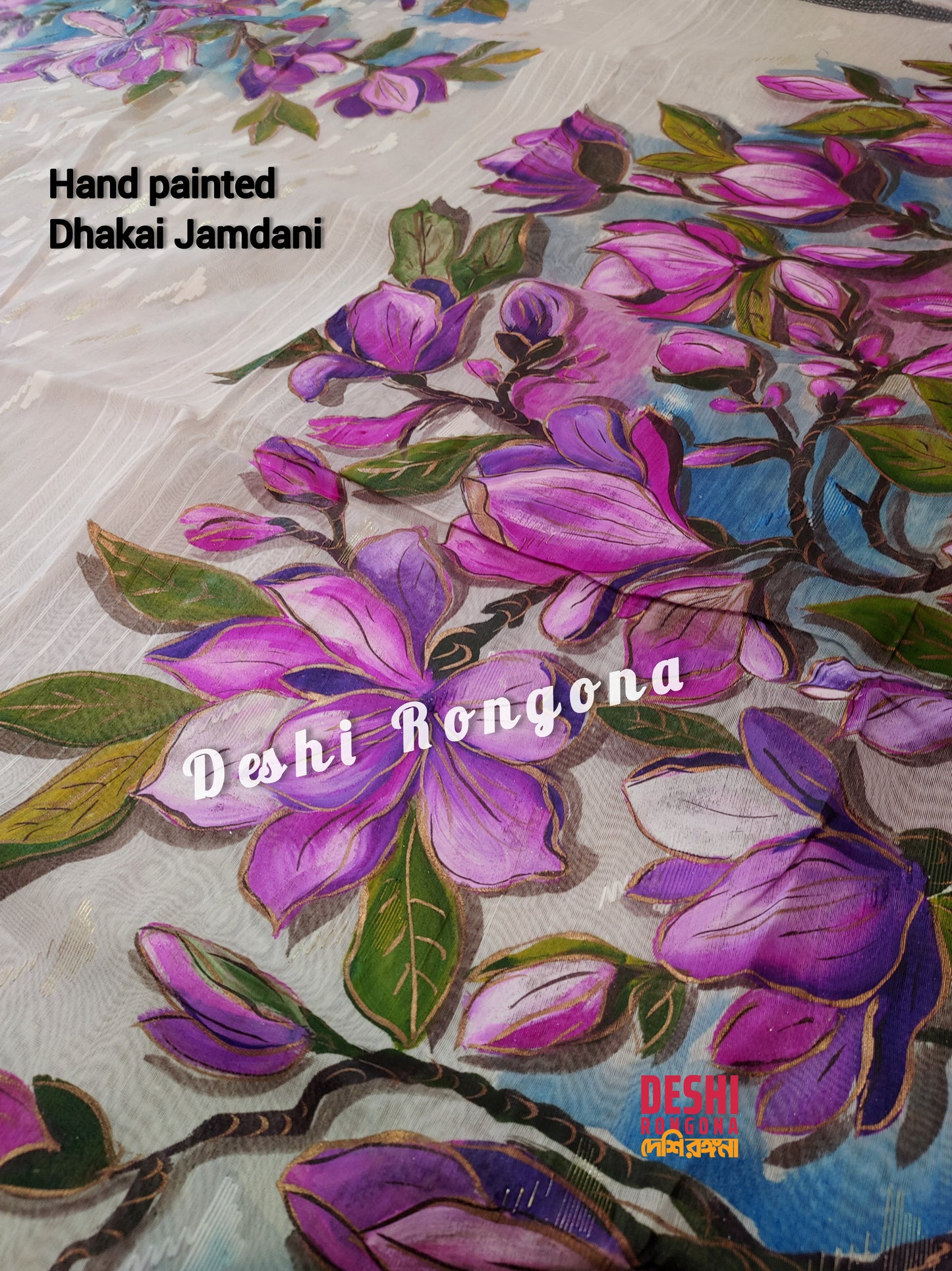 Handpainted Jamdani, Original Dhakai Saree | Pink Magnolia Theme
