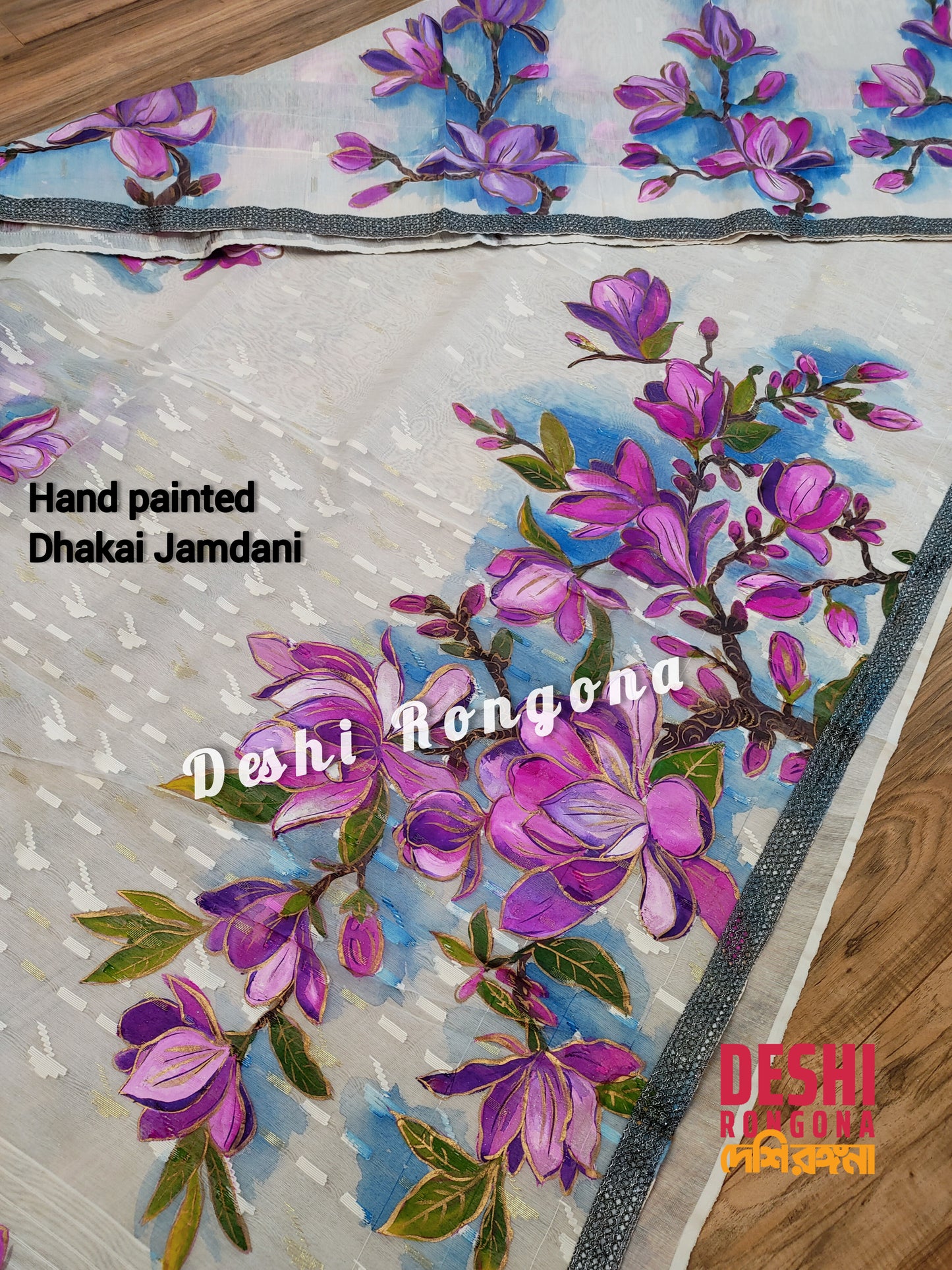 Handpainted Jamdani, Original Dhakai Saree | Pink Magnolia Theme