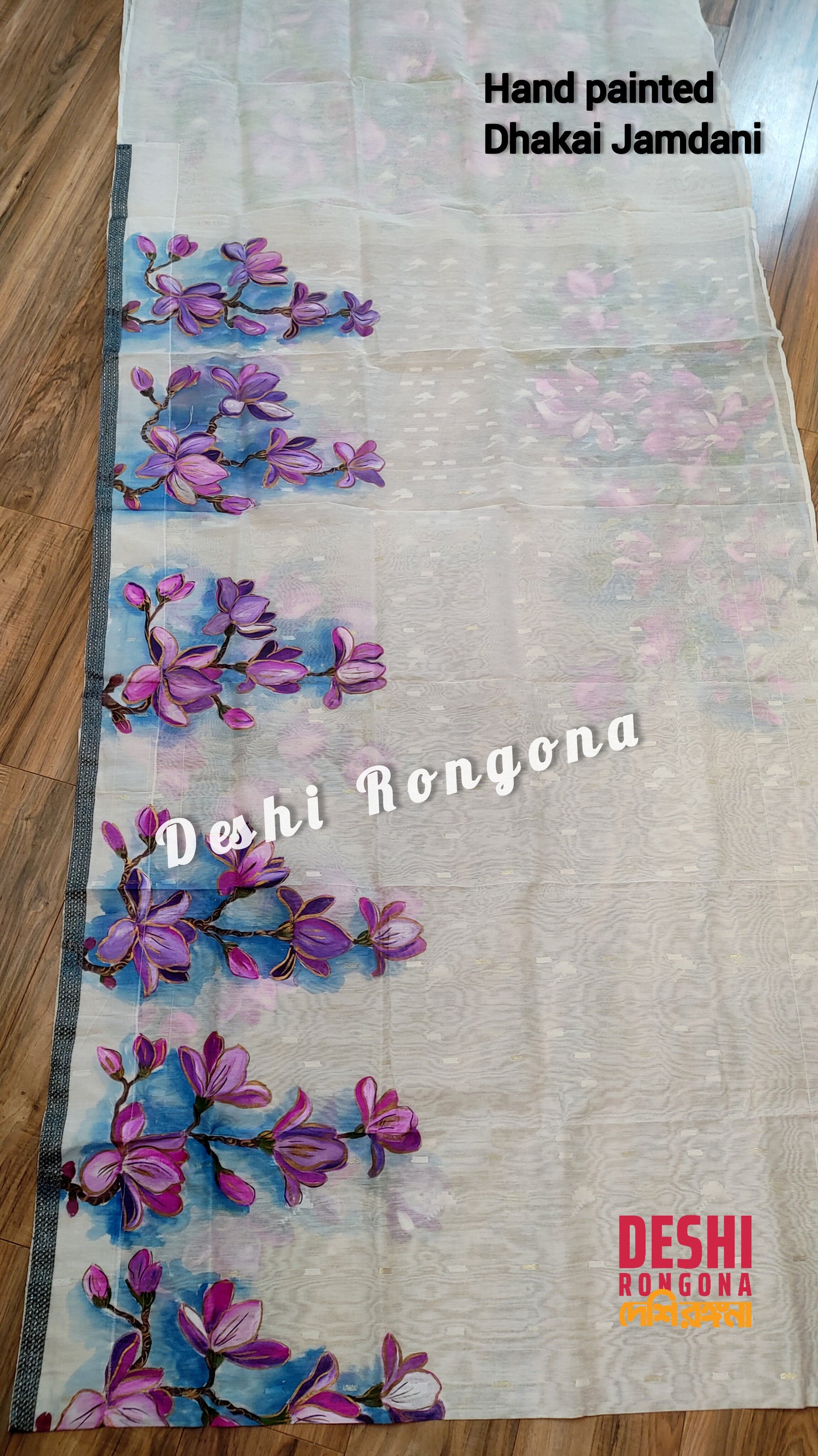 Handpainted Jamdani, Original Dhakai Saree | Pink Magnolia Theme