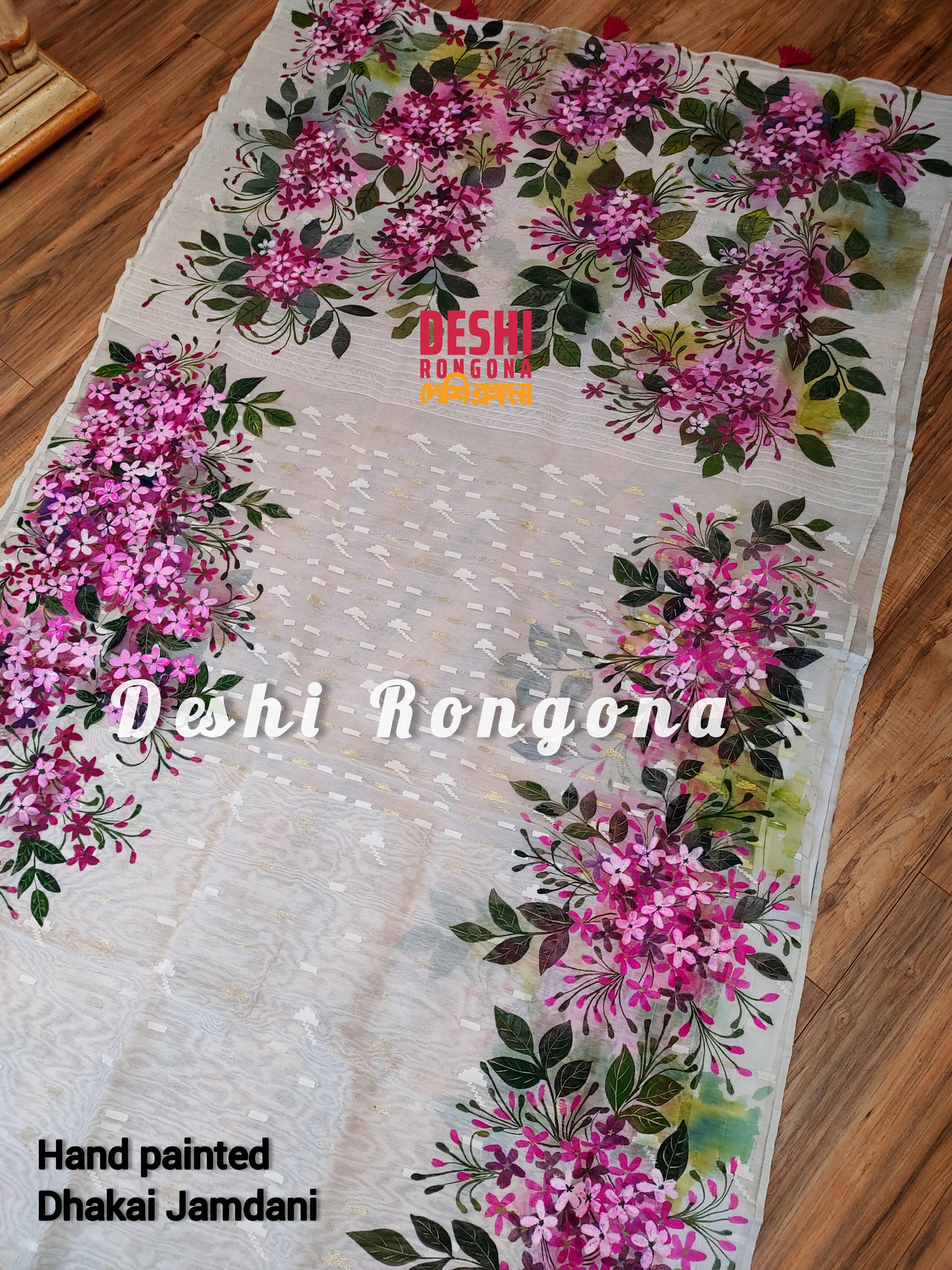 Handpainted Jamdani, Original Dhakai Saree | Madhobi (honeysuckle) Theme