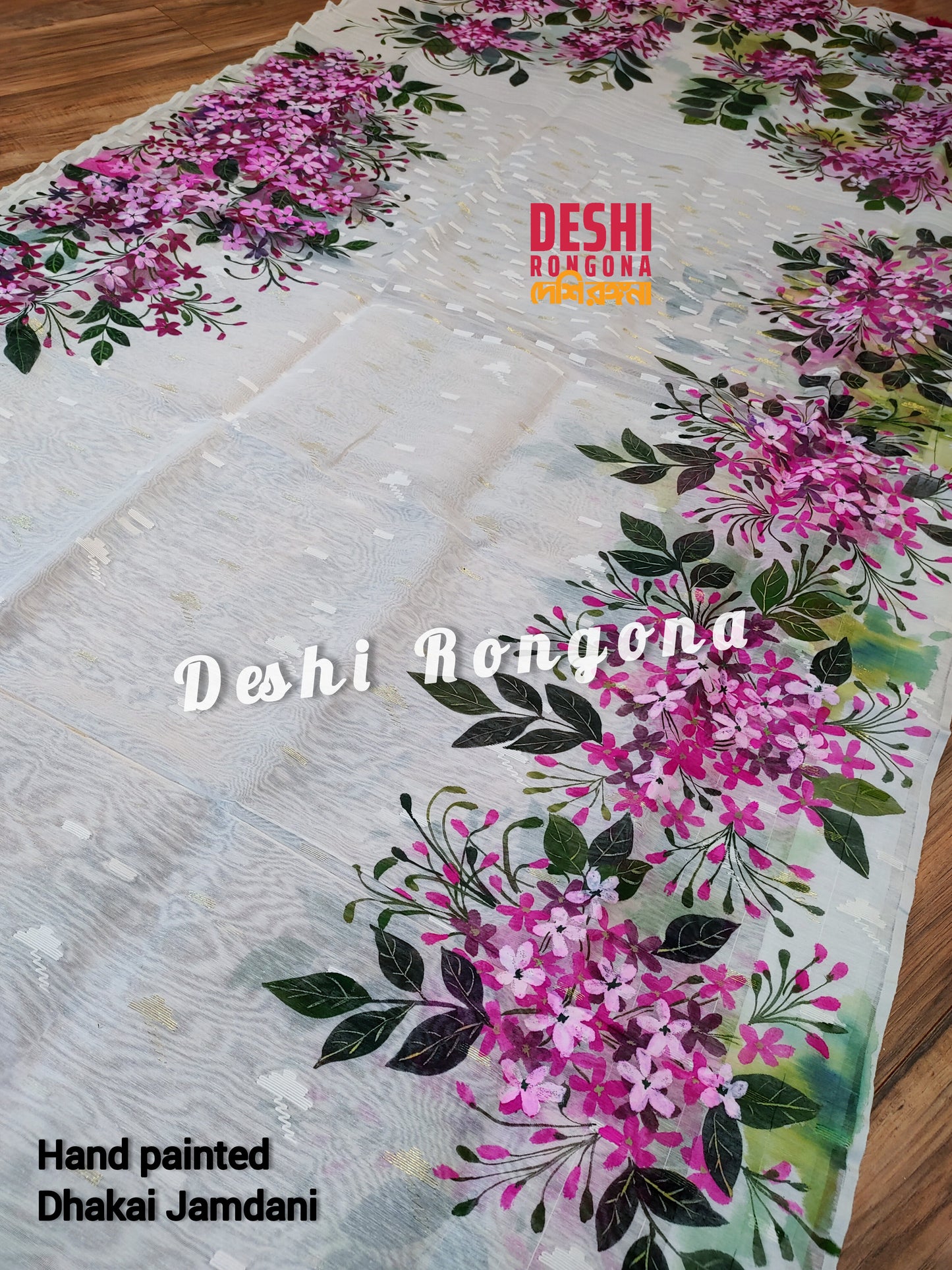 Handpainted Jamdani, Original Dhakai Saree | Madhobi (honeysuckle) Theme