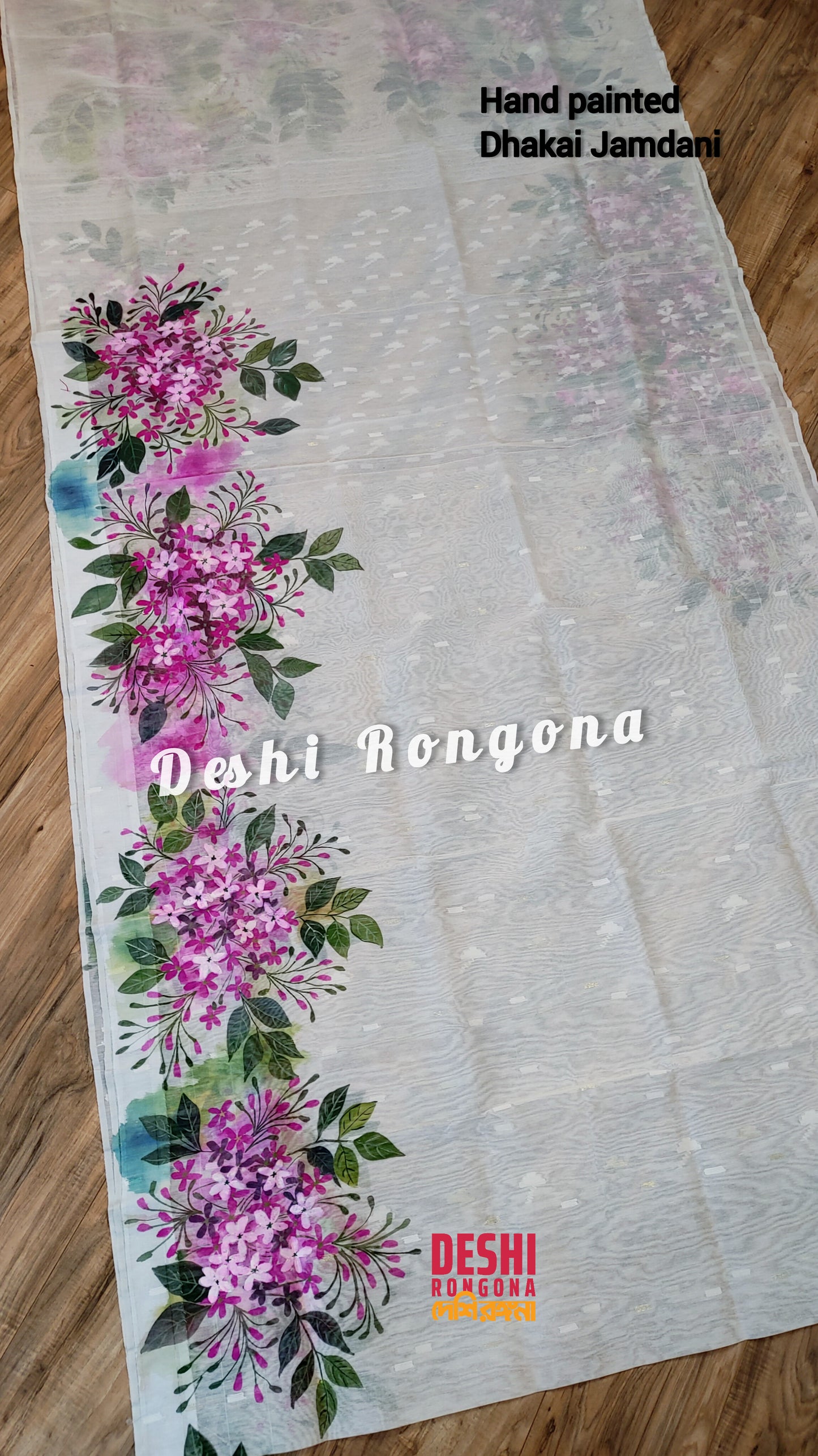 Handpainted Jamdani, Original Dhakai Saree | Madhobi (honeysuckle) Theme