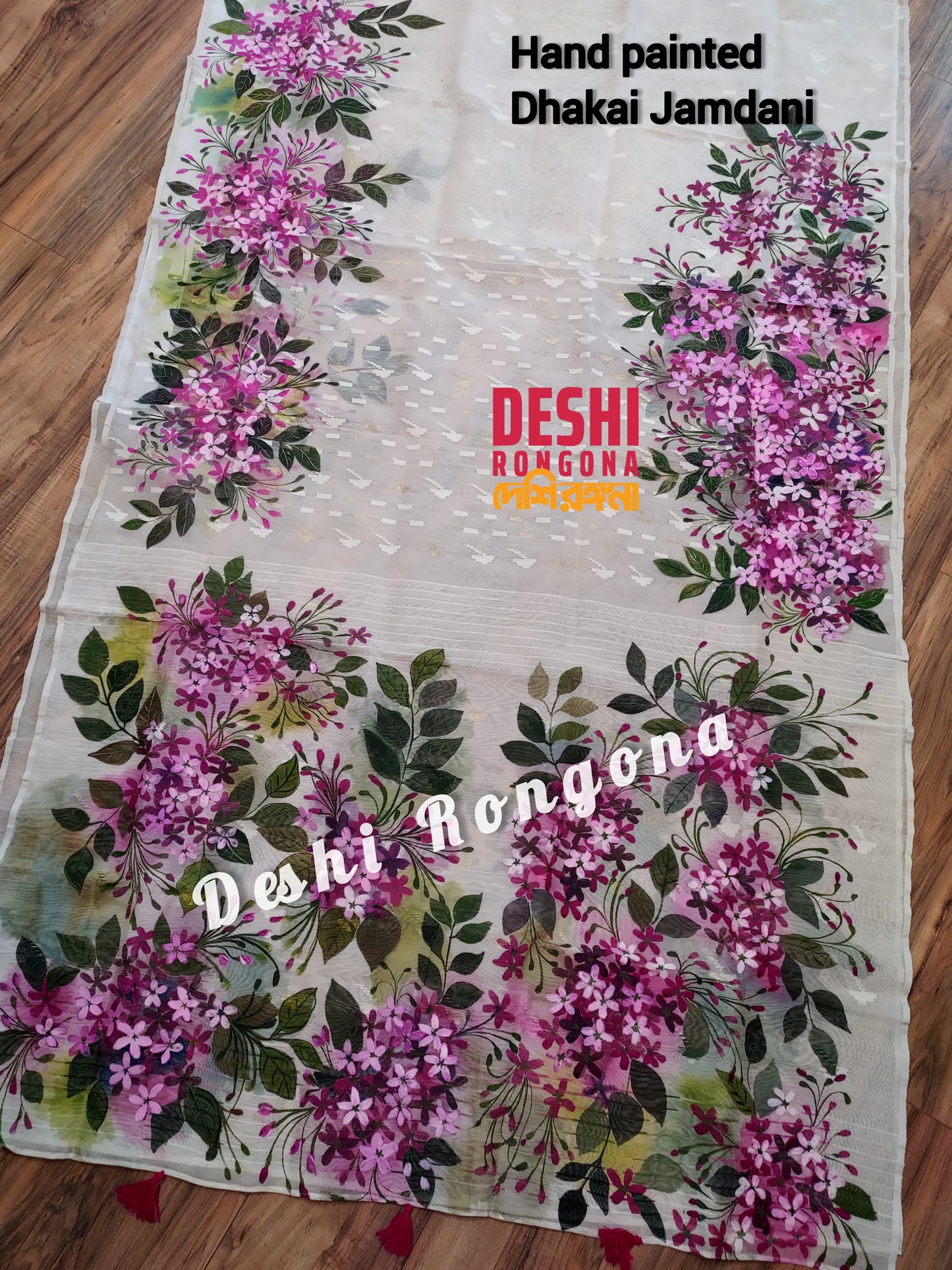 Handpainted Jamdani, Original Dhakai Saree | Madhobi (honeysuckle) Theme