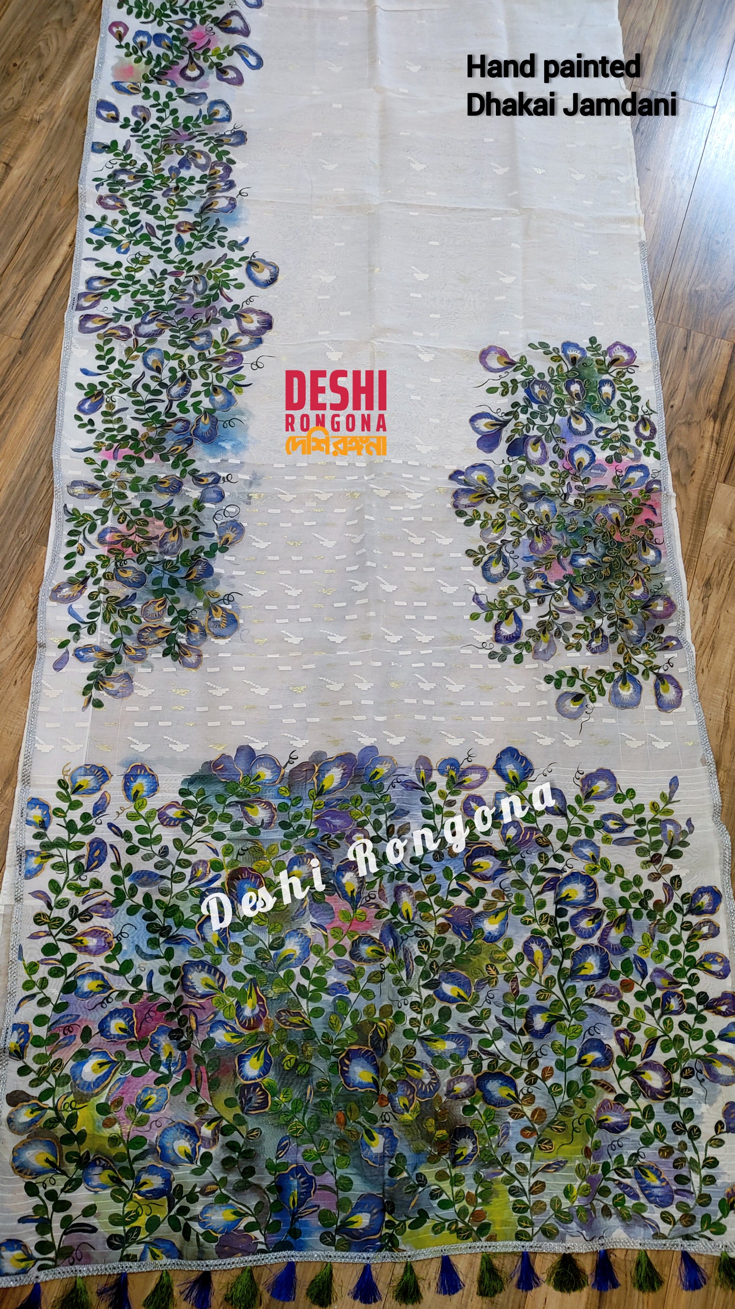 Handpainted Jamdani, Original Dhakai Saree | Blue Oporajita (Pea Flower) Theme