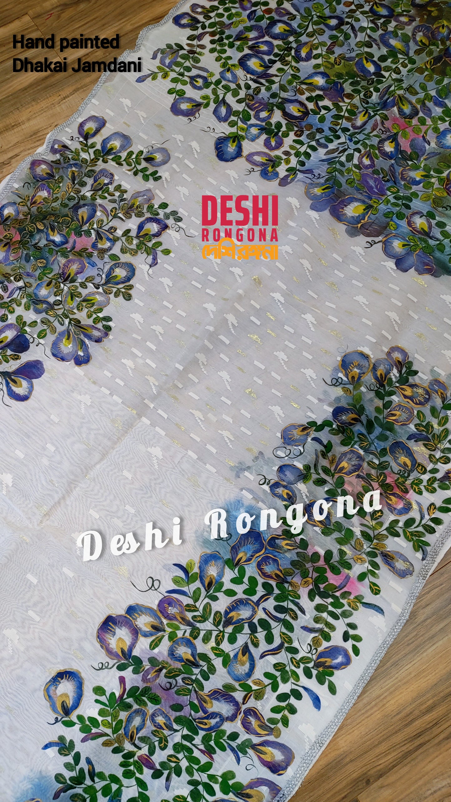 Handpainted Jamdani, Original Dhakai Saree | Blue Oporajita (Pea Flower) Theme