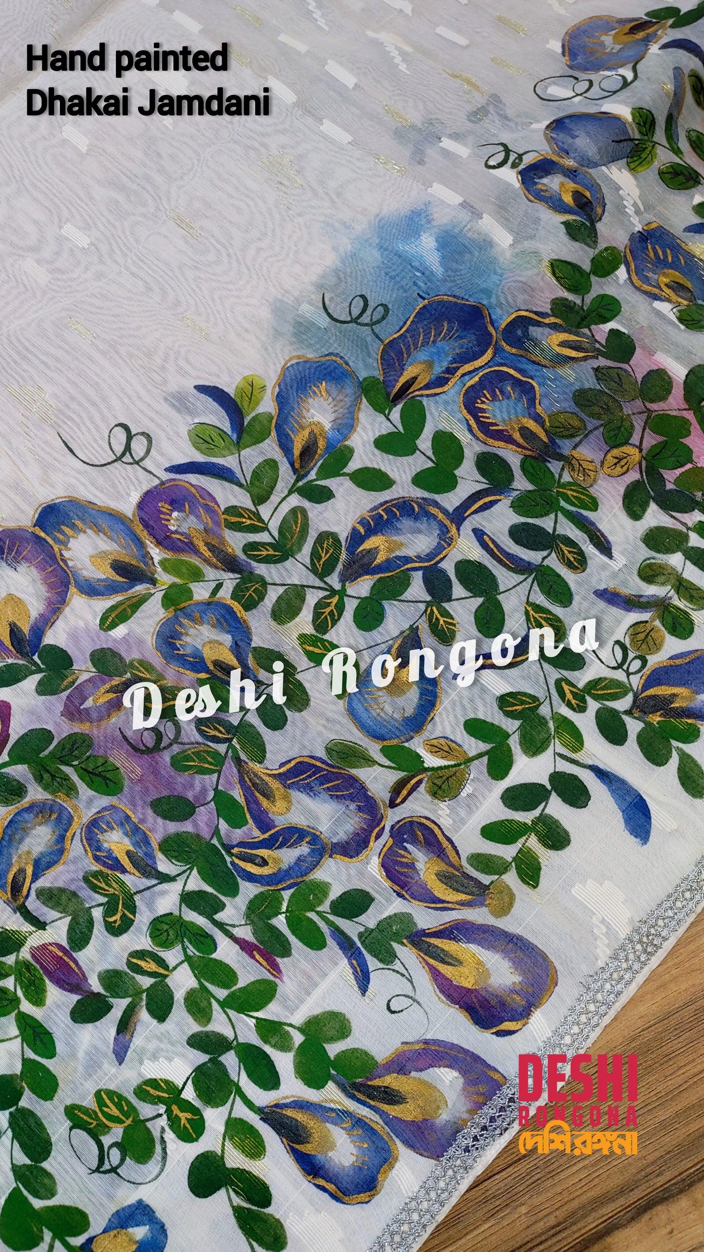 Handpainted Jamdani, Original Dhakai Saree | Blue Oporajita (Pea Flower) Theme