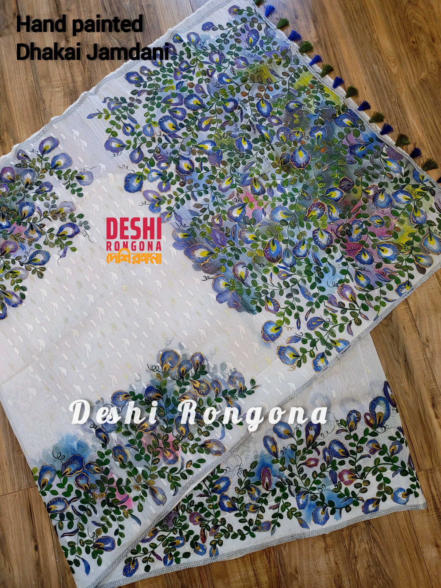 Handpainted Jamdani, Original Dhakai Saree | Blue Oporajita (Pea Flower) Theme