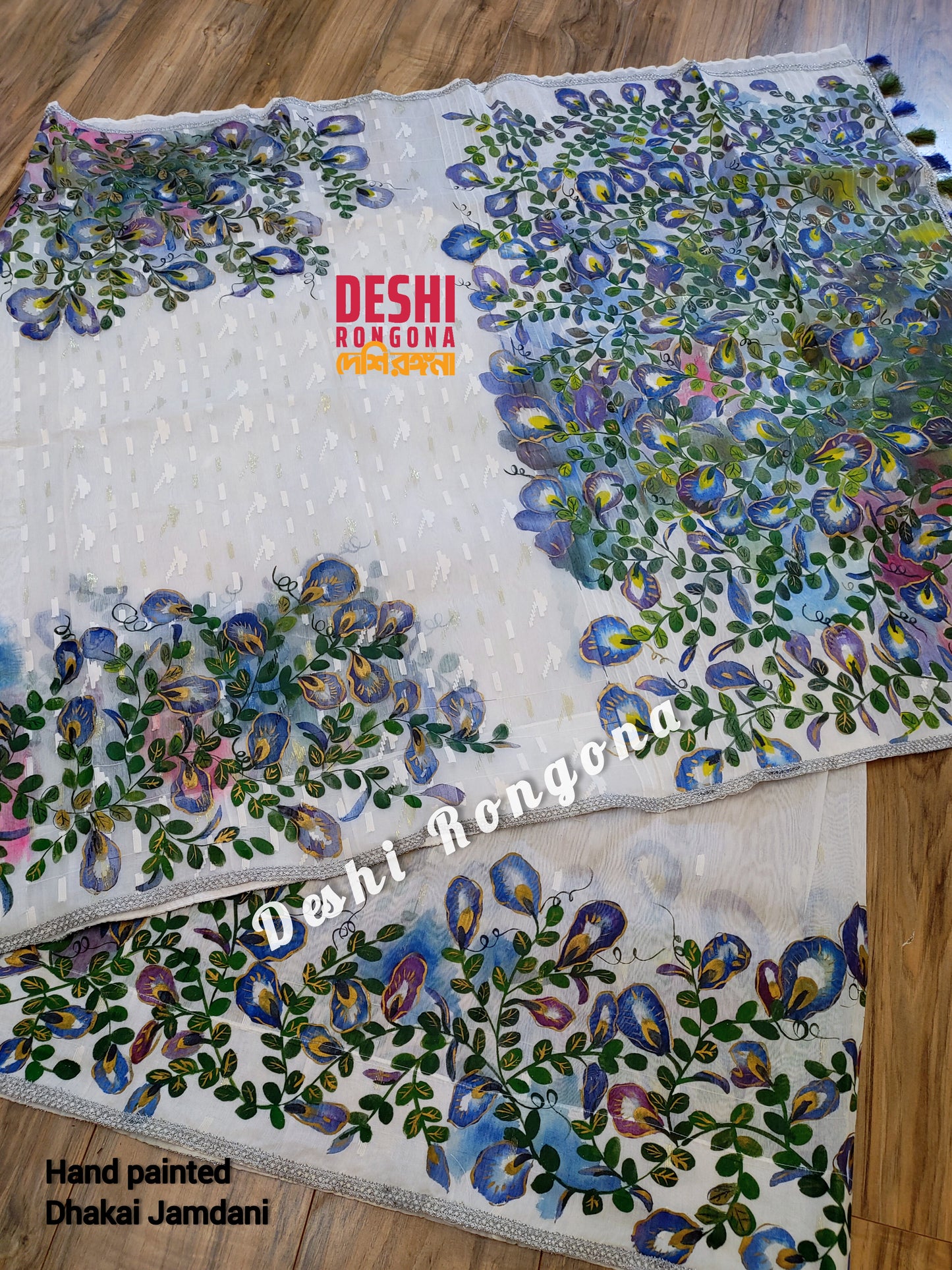 Handpainted Jamdani, Original Dhakai Saree | Blue Oporajita (Pea Flower) Theme