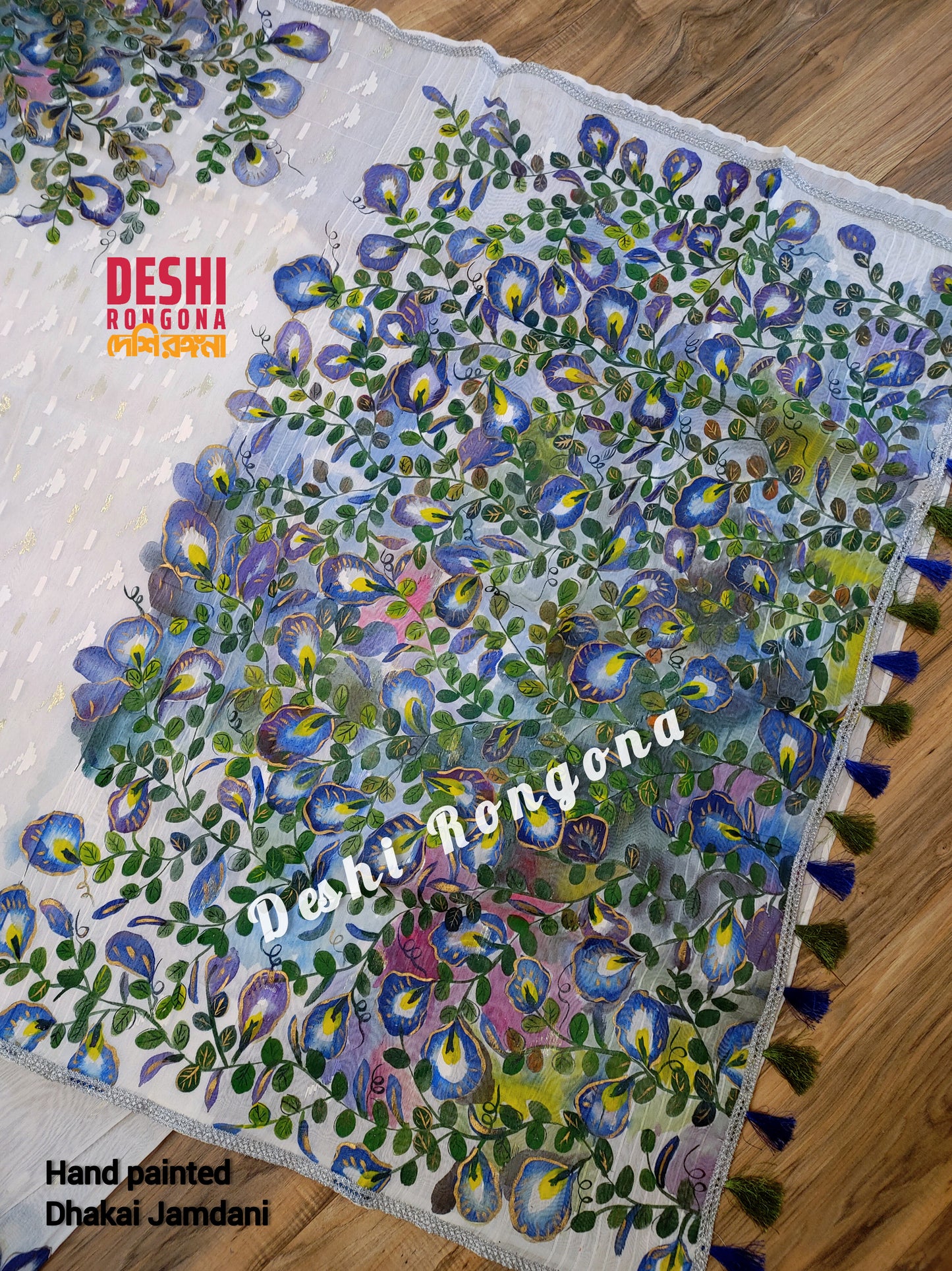 Handpainted Jamdani, Original Dhakai Saree | Blue Oporajita (Pea Flower) Theme