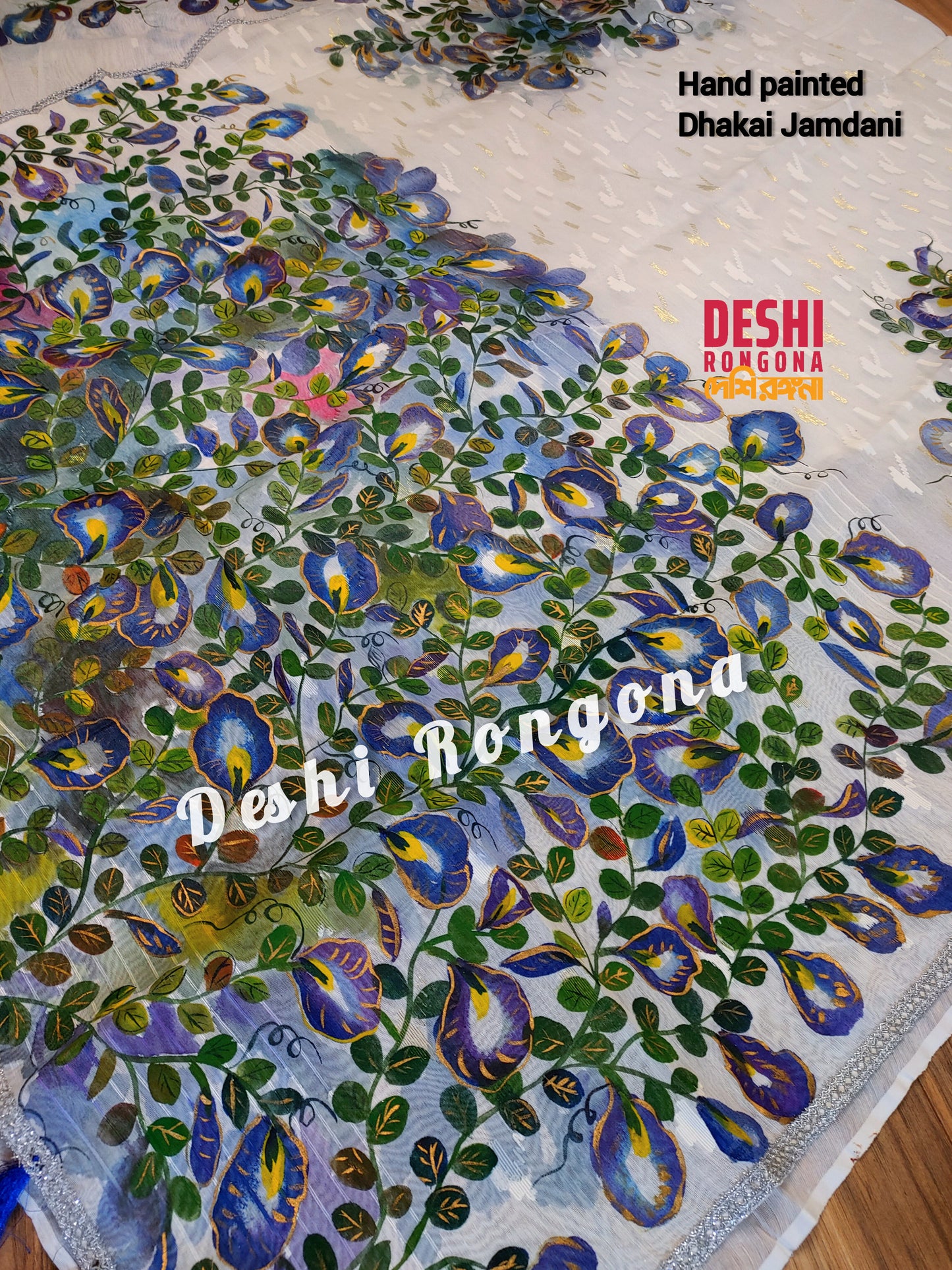 Handpainted Jamdani, Original Dhakai Saree | Blue Oporajita (Pea Flower) Theme