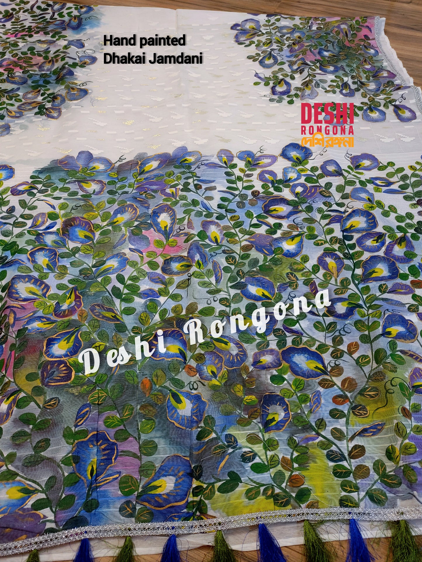 Handpainted Jamdani, Original Dhakai Saree | Blue Oporajita (Pea Flower) Theme