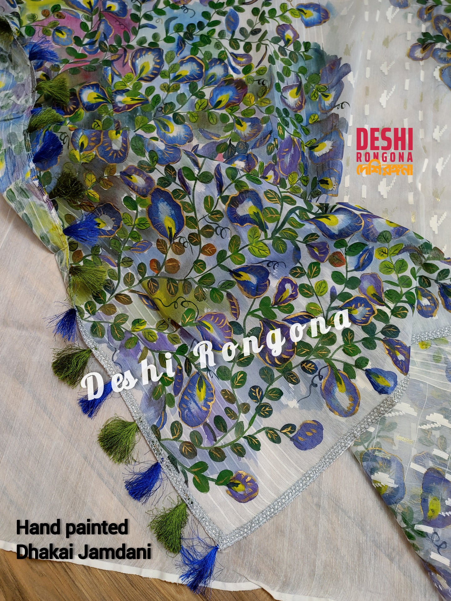 Handpainted Jamdani, Original Dhakai Saree | Blue Oporajita (Pea Flower) Theme