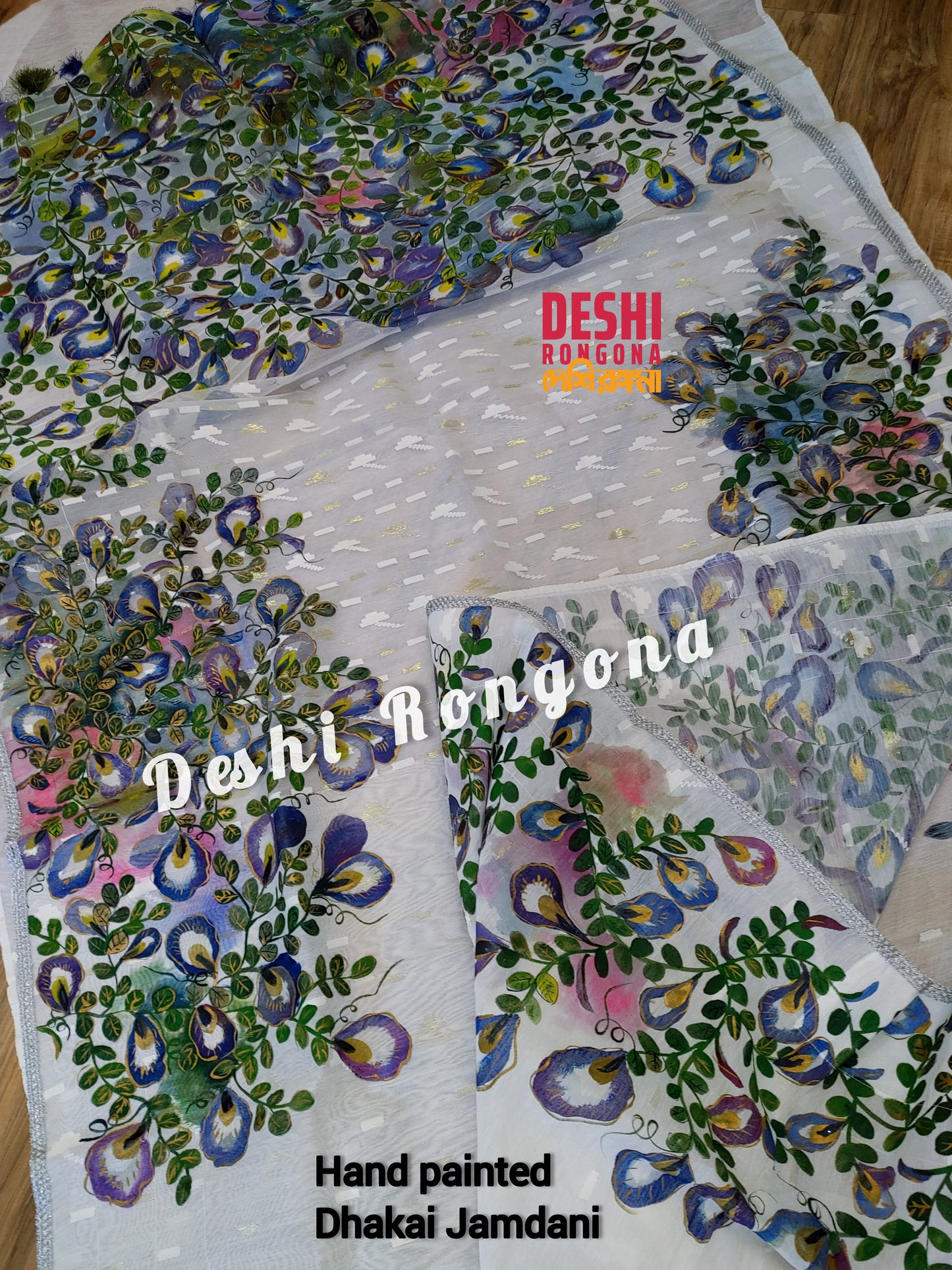 Handpainted Jamdani, Original Dhakai Saree | Blue Oporajita (Pea Flower) Theme