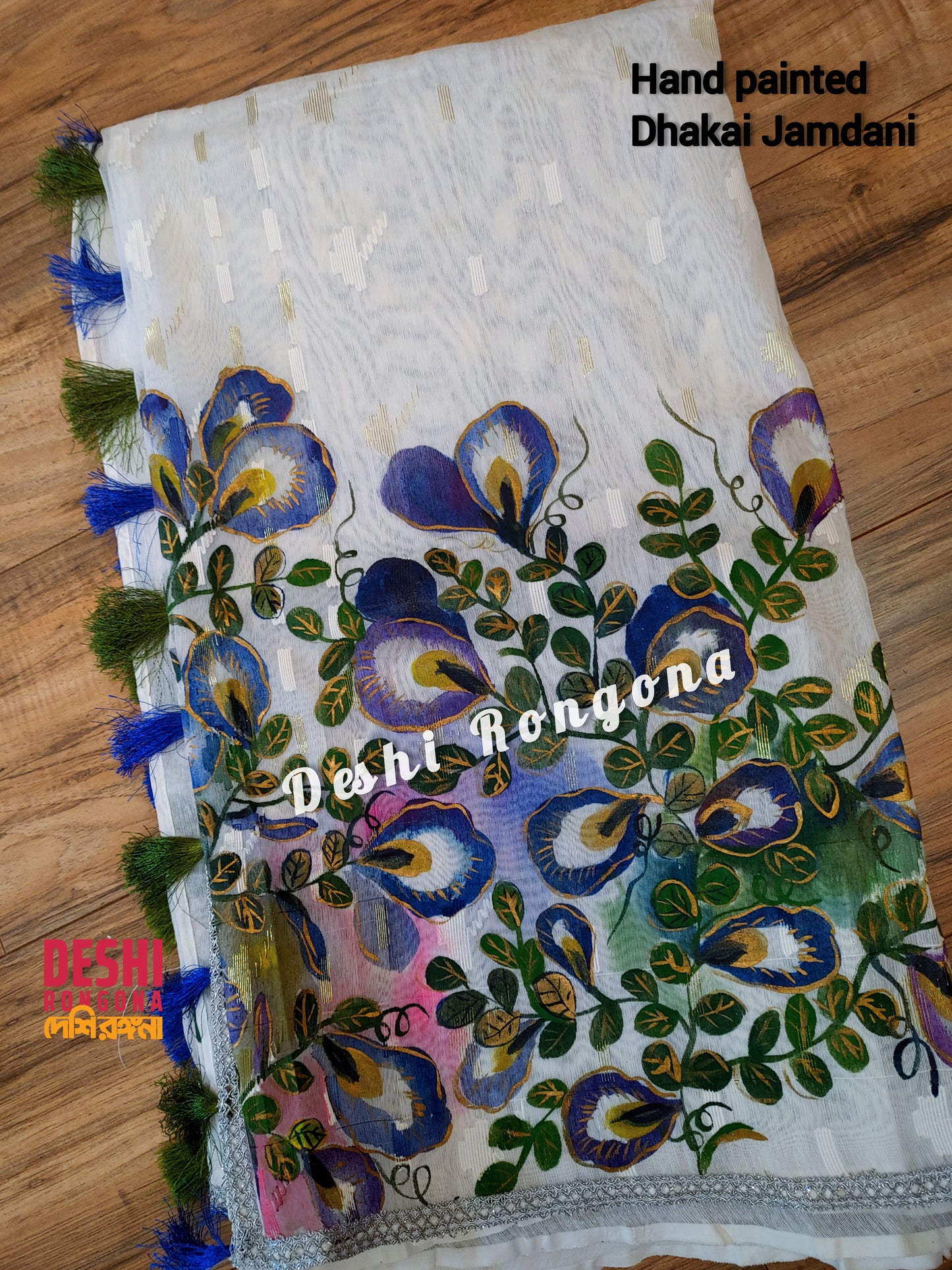 Handpainted Jamdani, Original Dhakai Saree | Blue Oporajita (Pea Flower) Theme