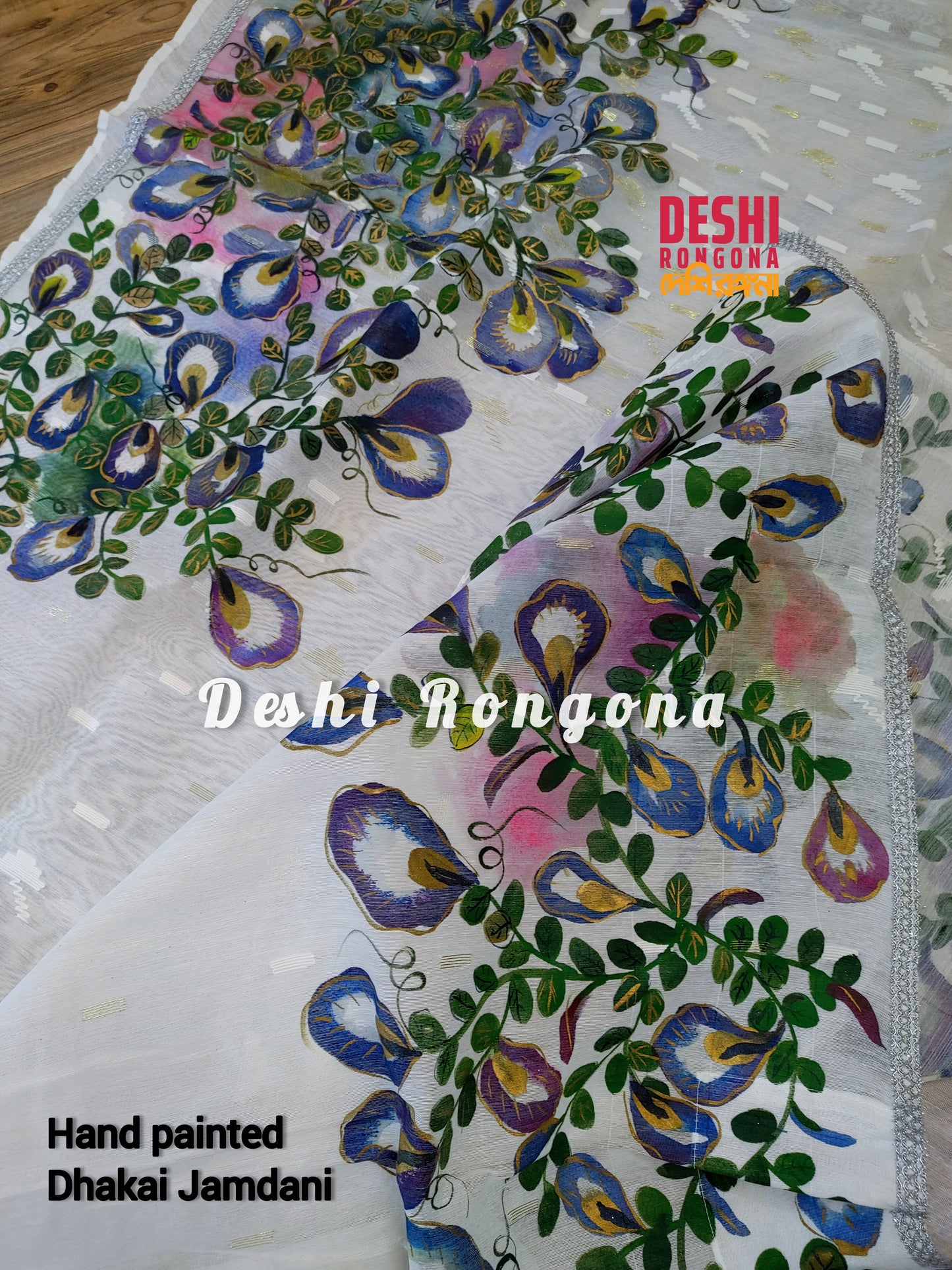 Handpainted Jamdani, Original Dhakai Saree | Blue Oporajita (Pea Flower) Theme