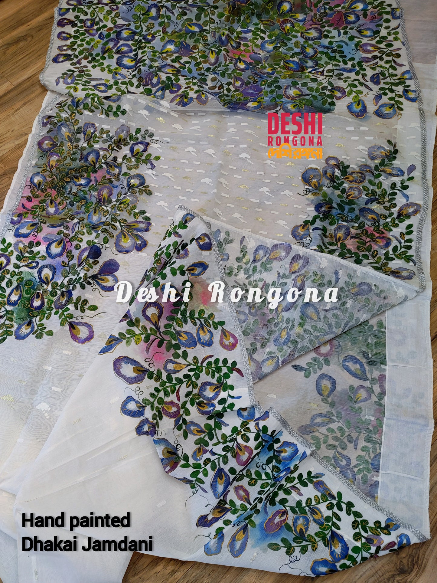 Handpainted Jamdani, Original Dhakai Saree | Blue Oporajita (Pea Flower) Theme