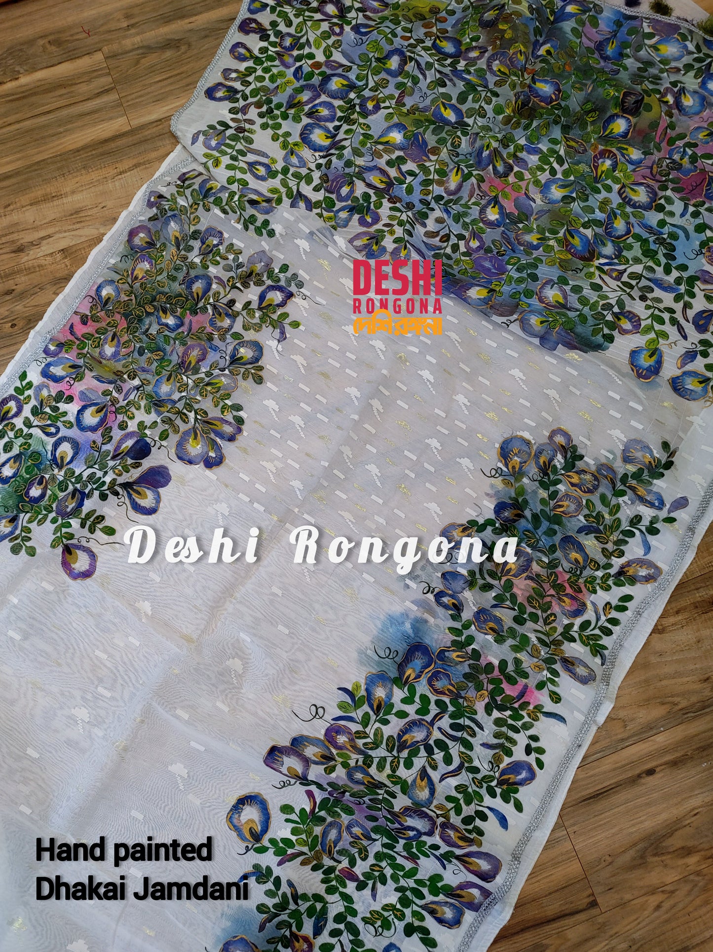 Handpainted Jamdani, Original Dhakai Saree | Blue Oporajita (Pea Flower) Theme