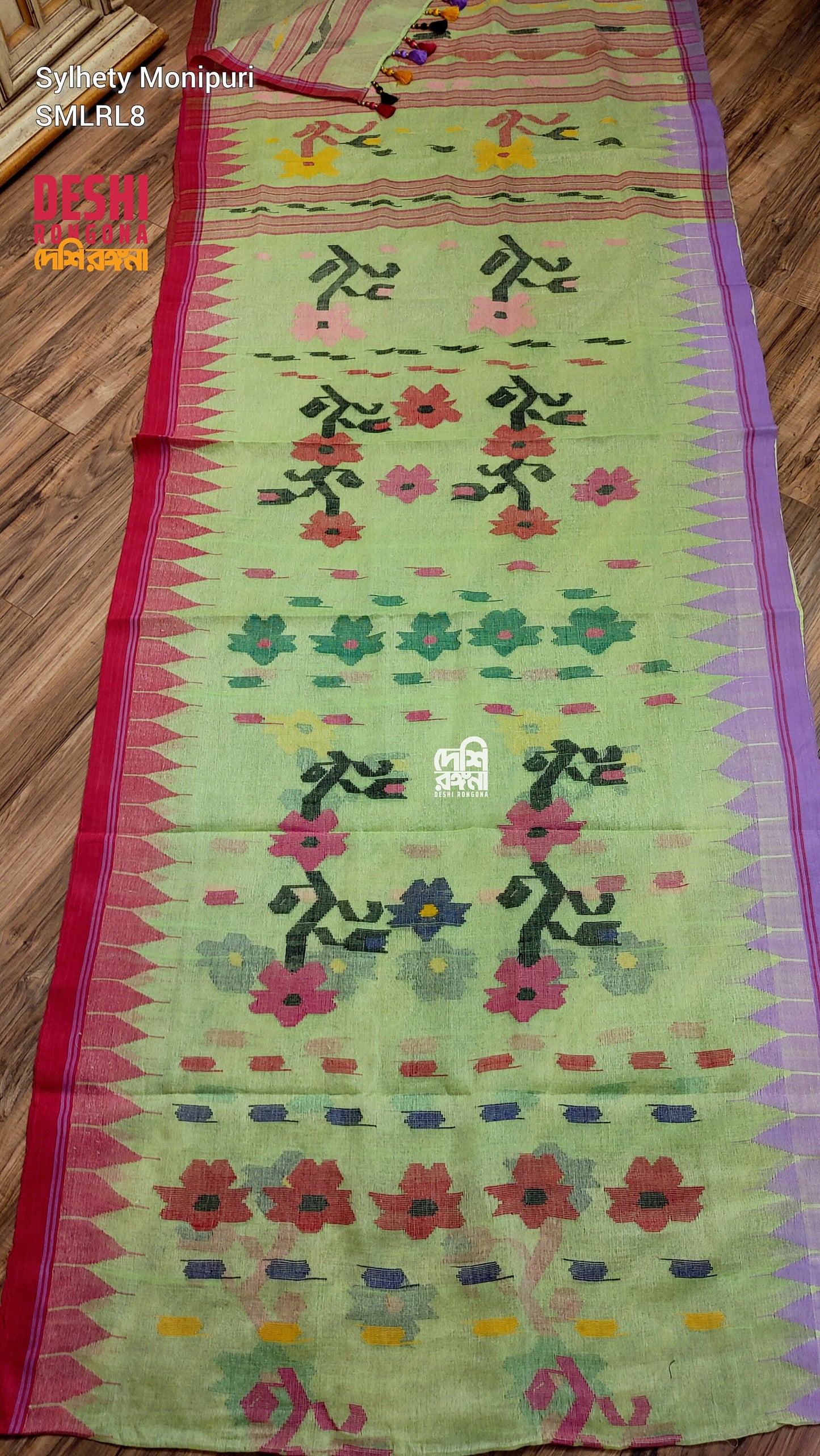 Sylheti Monipuri Handwoven Cotton Saree – Key Lime & Lavender