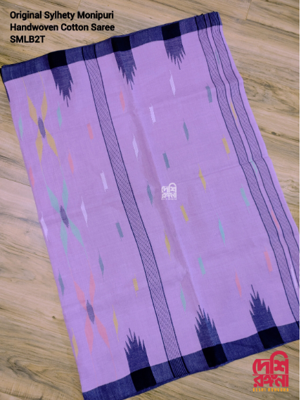 Sylheti Monipuri Handwoven Cotton Saree – Lavender & Black