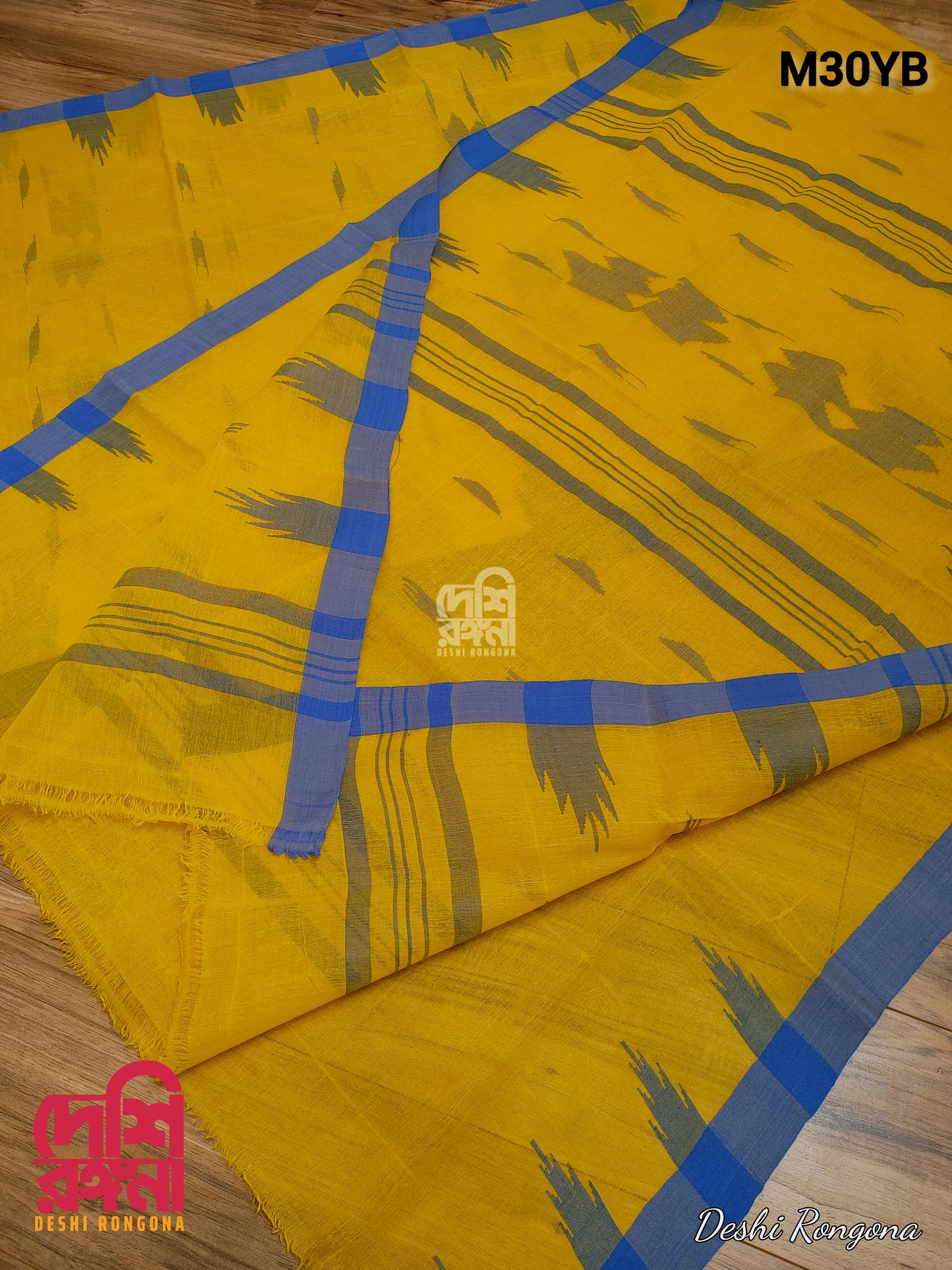 Sylheti Monipuri Handwoven Yellow Cotton Saree with Blue Border