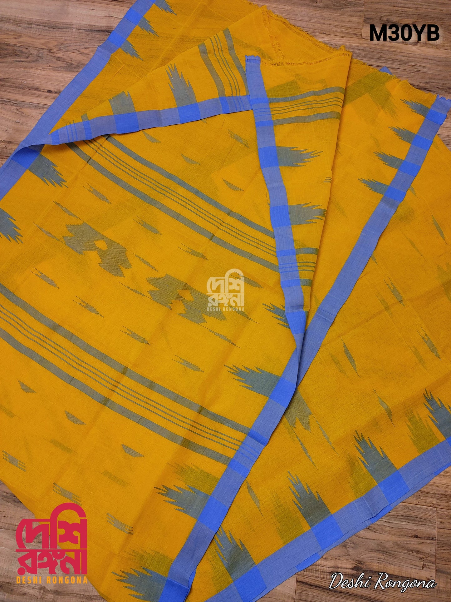 Sylheti Monipuri Handwoven Yellow Cotton Saree with Blue Border