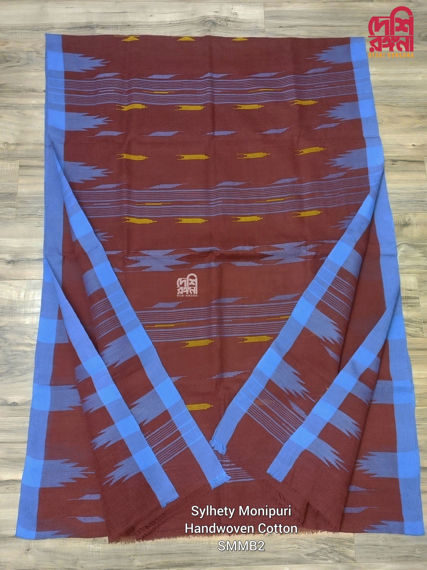 Maroon Monipuri Cotton Saree with Blue Woven Border