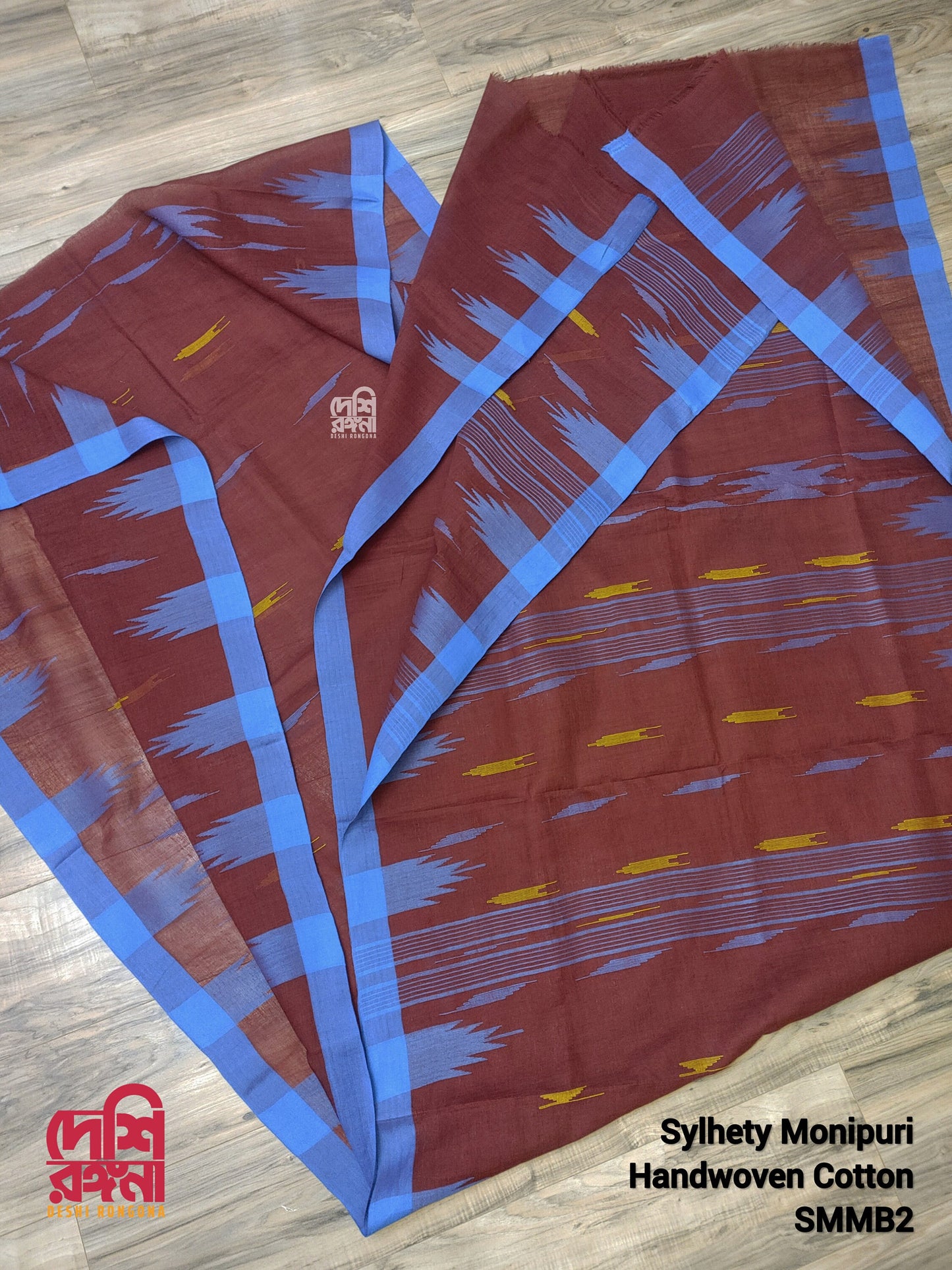 Maroon Monipuri Cotton Saree with Blue Woven Border