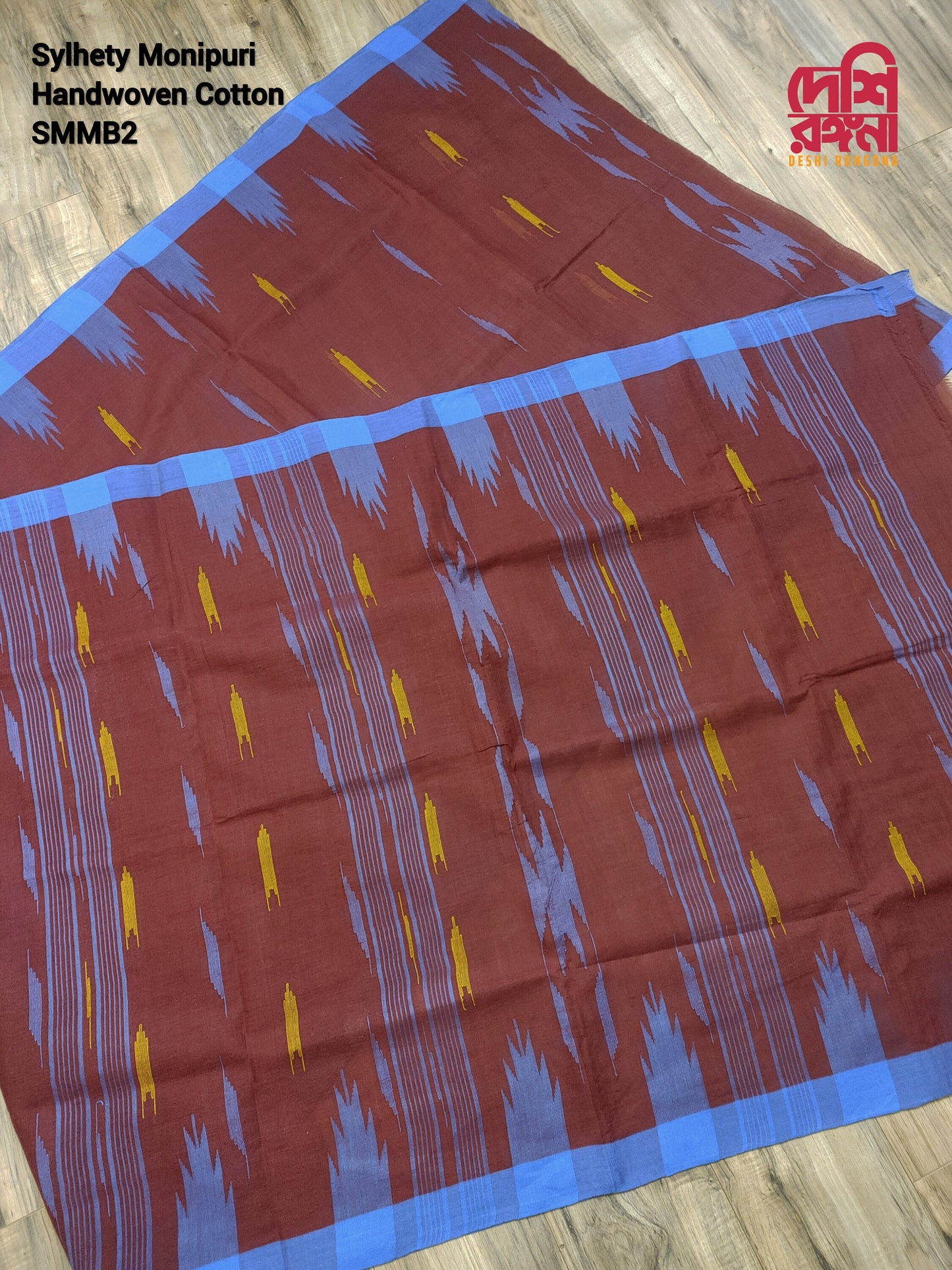 Maroon Monipuri Cotton Saree with Blue Woven Border