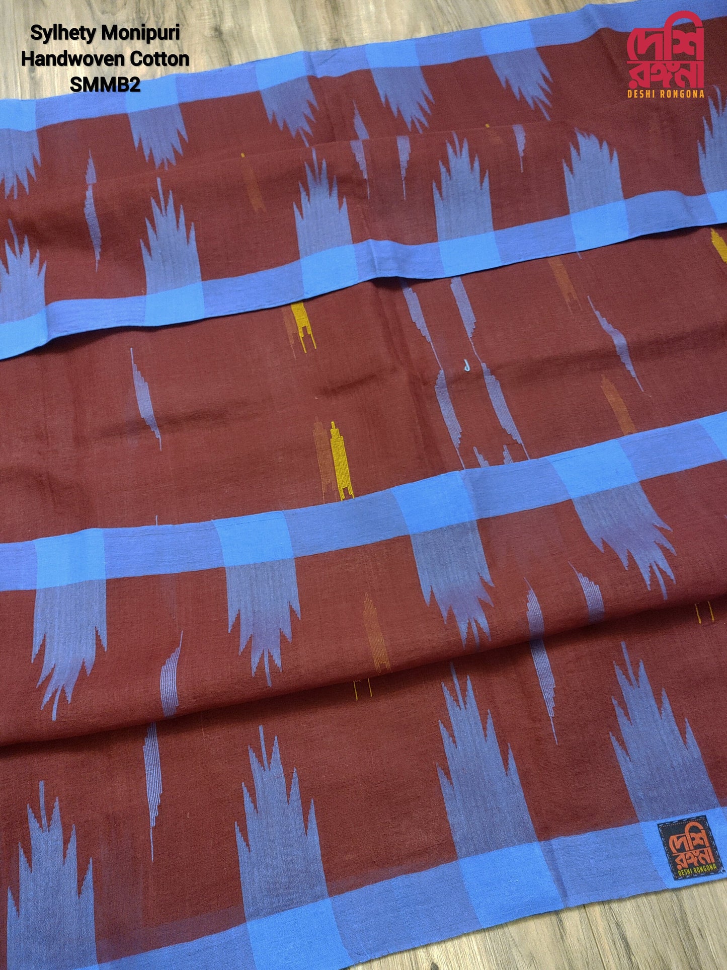 Maroon Monipuri Cotton Saree with Blue Woven Border