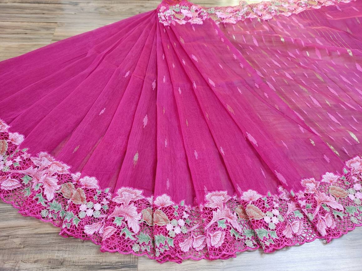 Magenta Cutwork Dhakai Jamdani – Hand Embroidered