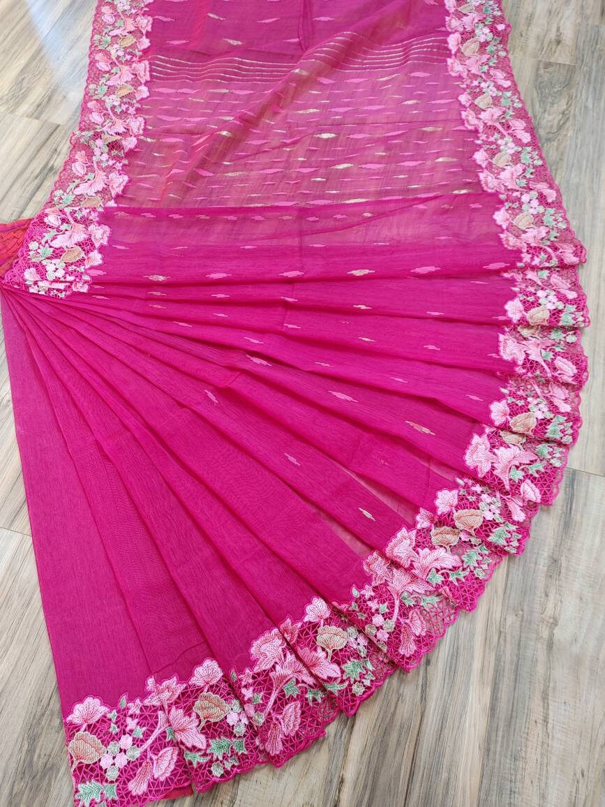 Magenta Cutwork Dhakai Jamdani – Hand Embroidered