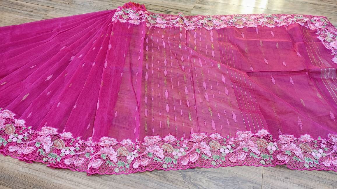 Magenta Cutwork Dhakai Jamdani – Hand Embroidered