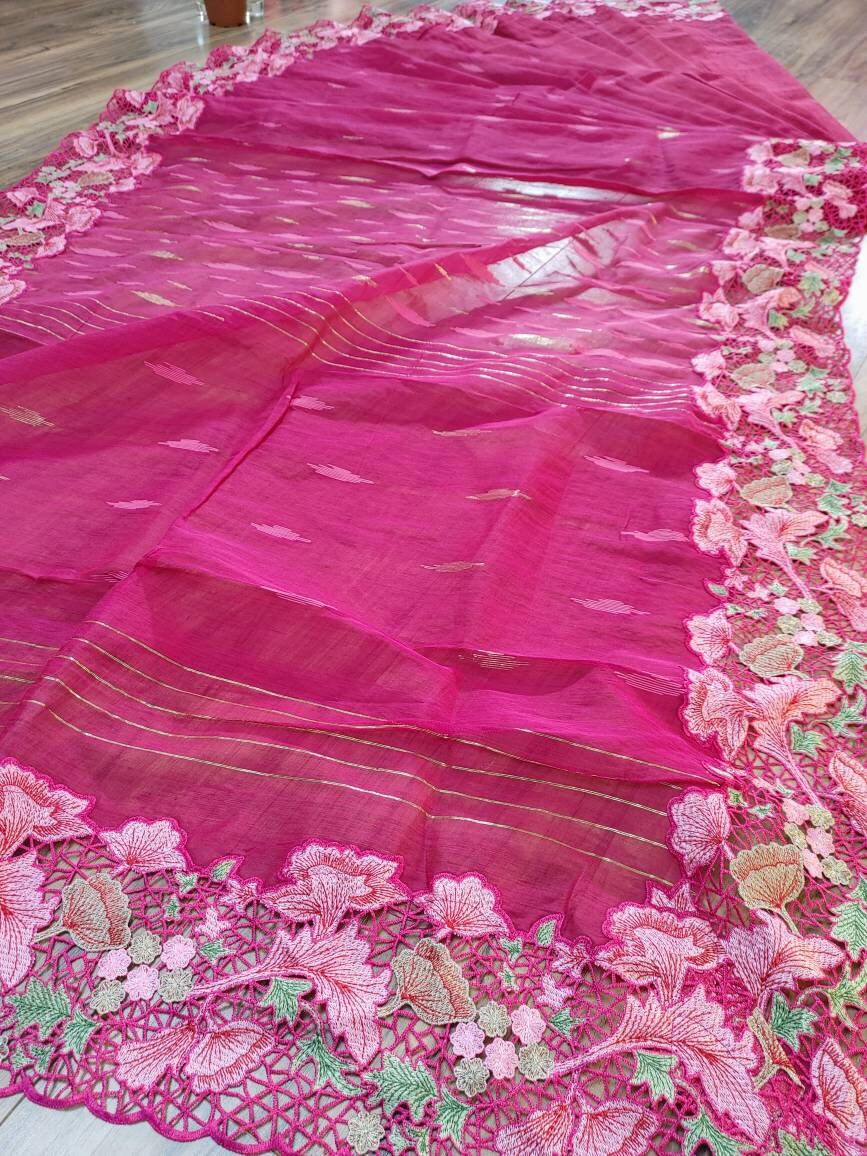 Magenta Cutwork Dhakai Jamdani – Hand Embroidered