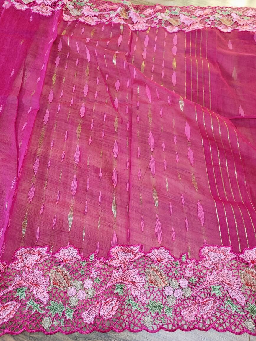 Magenta Cutwork Dhakai Jamdani – Hand Embroidered