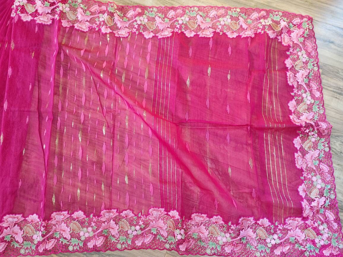 Magenta Cutwork Dhakai Jamdani – Hand Embroidered