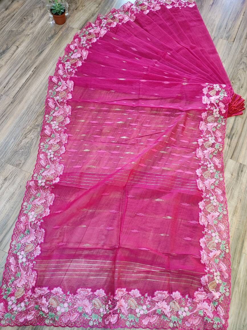 Magenta Cutwork Dhakai Jamdani – Hand Embroidered