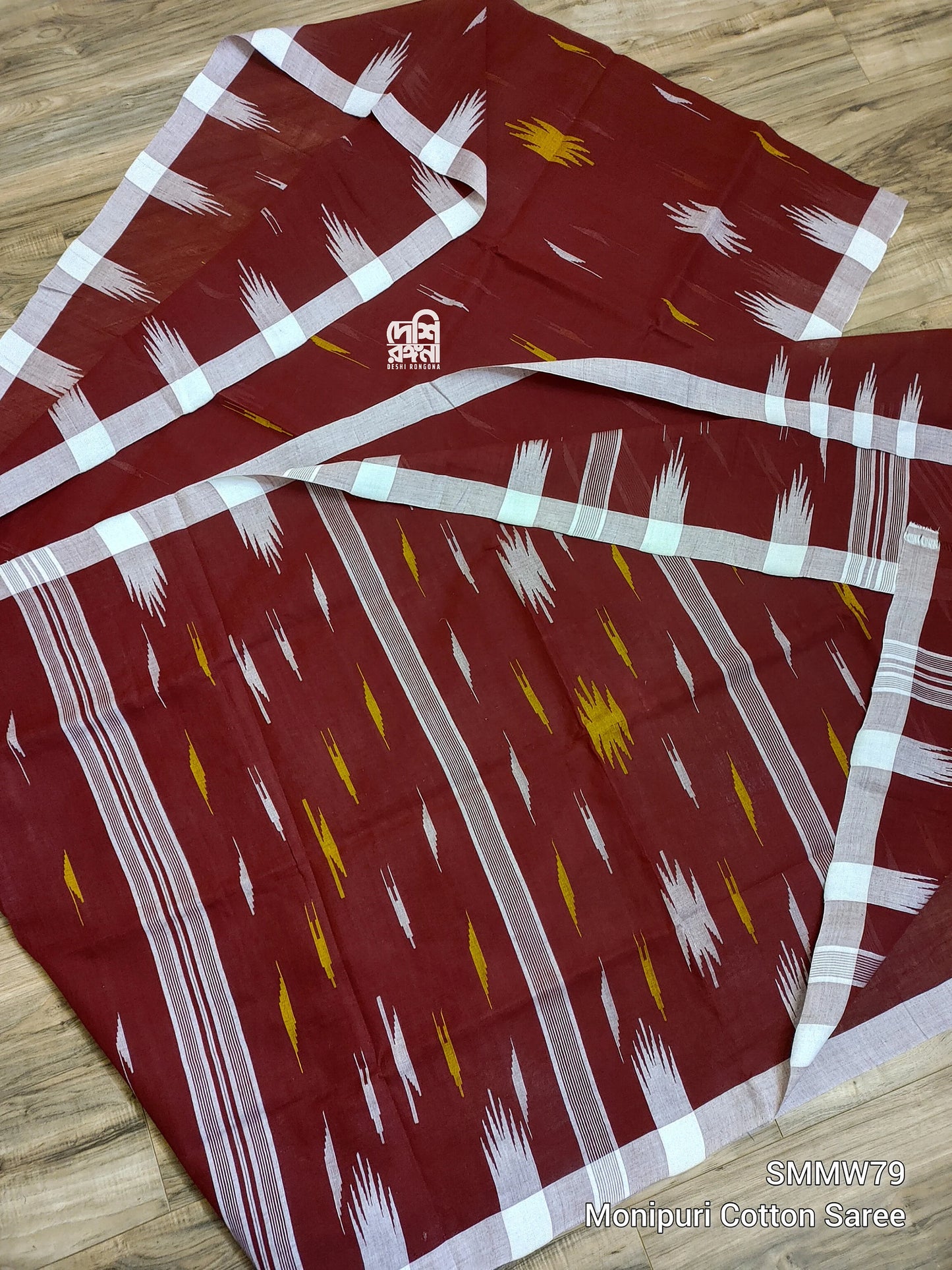 Sylheti Monipuri Handwoven Saree – Maroon & White Border